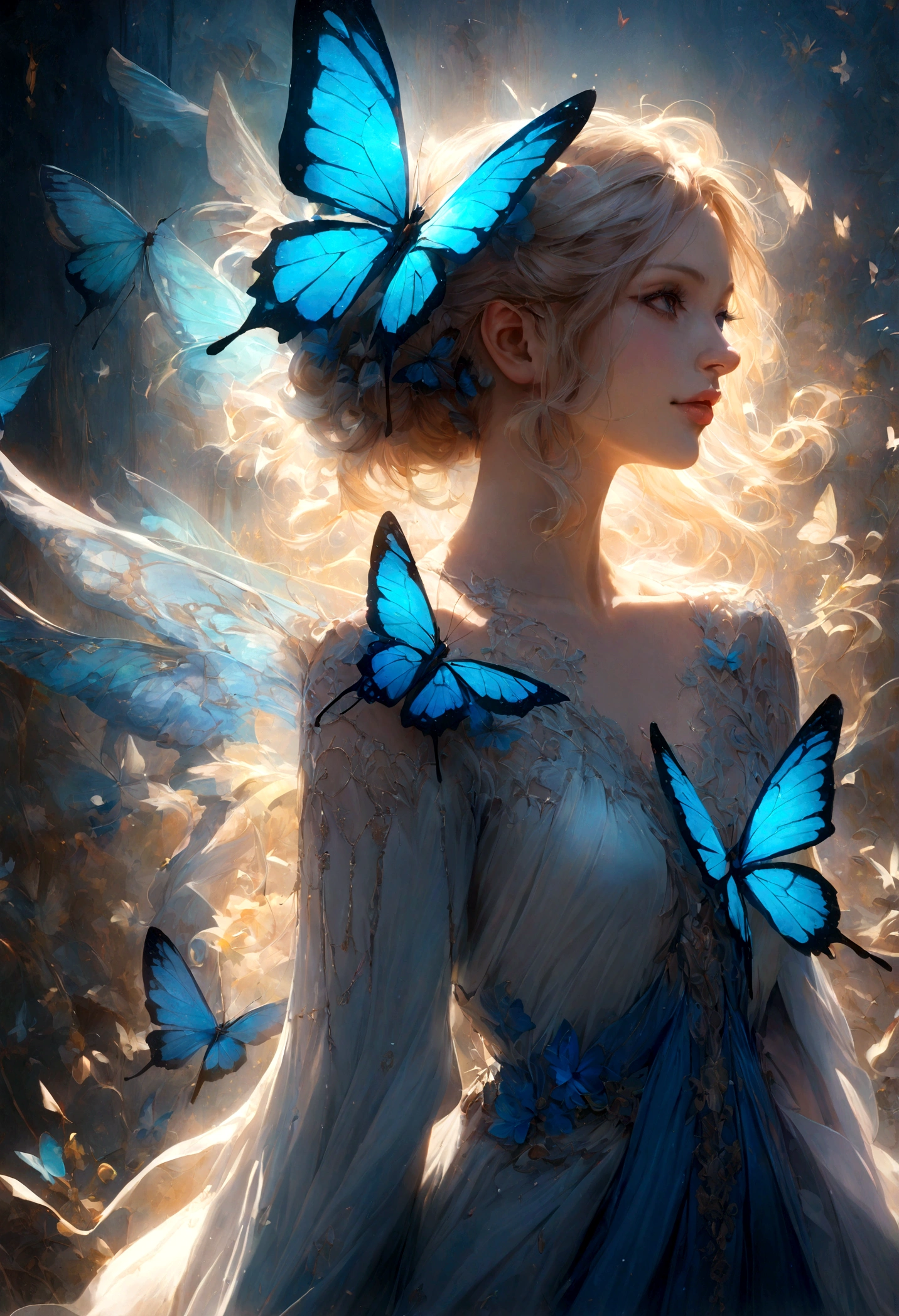 a beautiful ethereal butterfly with azure blue wings, intricate delicate details, vivid colors, 1 butterfly, highly detailed, 4k, 8k, hyperrealistic, photorealistic, masterpiece, award winning, chiaroscuro lighting, dramatic lighting, volumetric lighting, cinematic, dreamlike, magical, surreal, fantasy, elegant, graceful, serene, peaceful