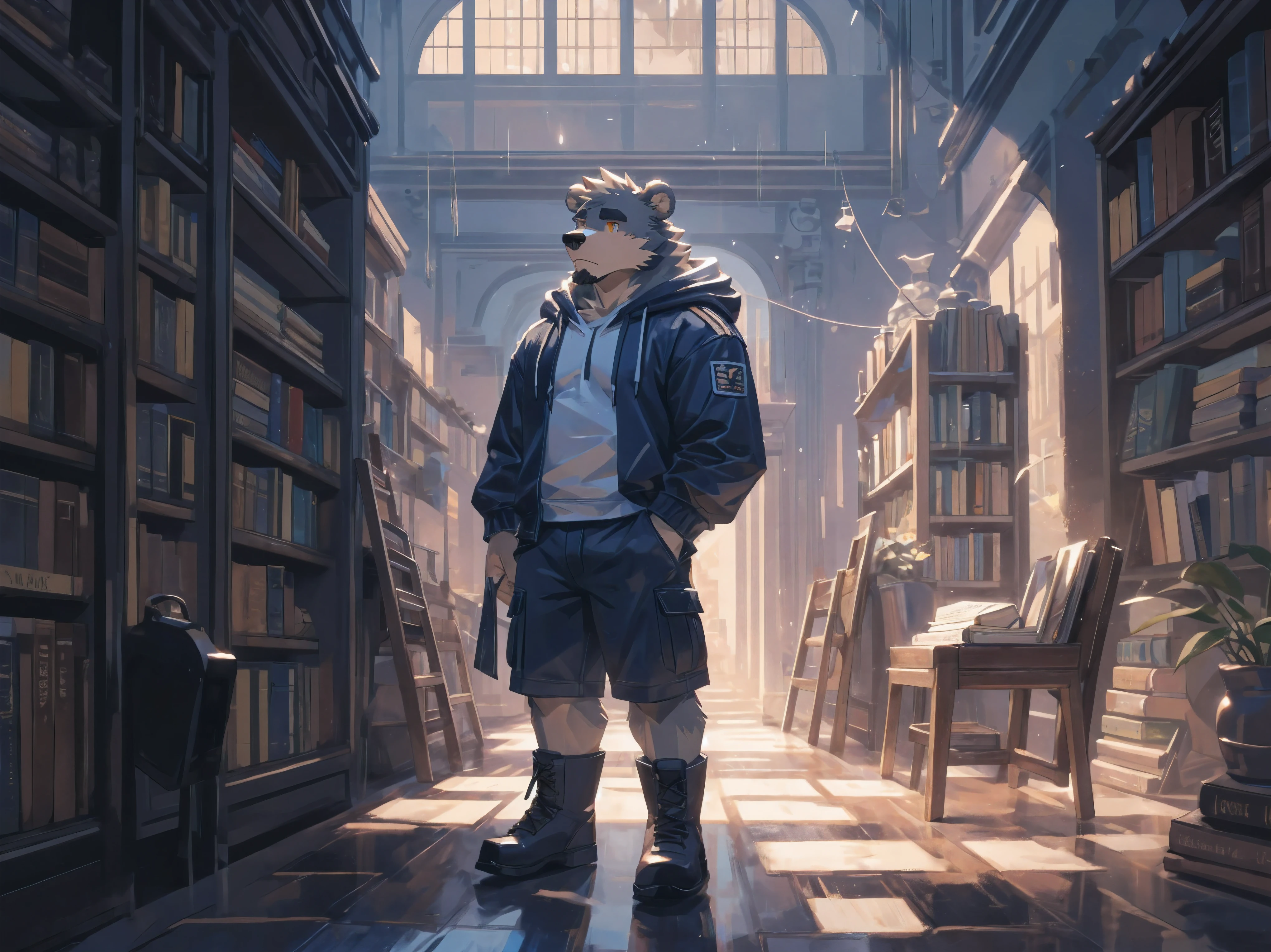 (masterpiece:1.2), best quality,pixiv,official art,perfect anatomy, (Ray tracing, light),solo, (1_male:1.3) , (muscle), (gray fur:1.4), (muscle bear), (beard:1.2), (gleaming golden eyes), Thick black eyebrows, (open hoodie:1.3), (naked inside:1.2), cargo shorts, boots, standing alone, unhappy , in the big library, less background,In a library bathed by the afterglow of summer rain, a towering, muscular grizzly beastman stands solitary. His body is enveloped in dense gray fur, his muscles sharply outlined. Golden eyes gleam with an unusual luster. Clad in an unzipped hoodie exposing his bare torso, paired with casual cargo shorts and sturdy boots. With a book in hand and a subtle trace of melancholy on his features, he meanders alone amidst the vast sea of knowledge.