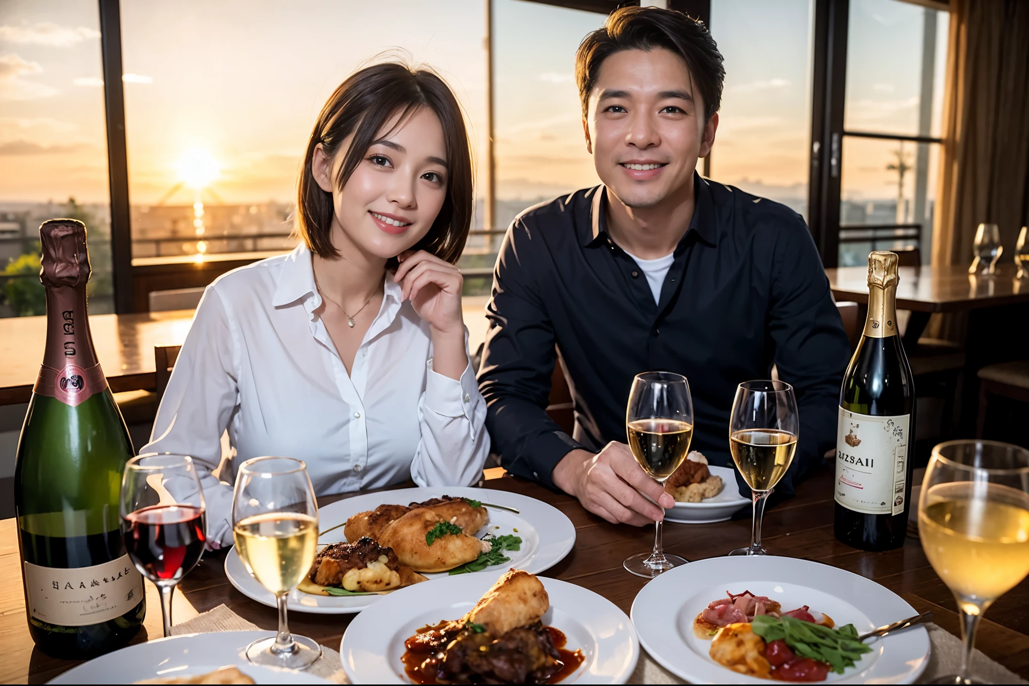 ((highest quality、8k、masterpiece:1.3))、1 male 1 female、A lover who resembles Saki Takaoka、Beautiful couple、smile、full-course dinner、 (Slim face), (the body is スリム), (Brown Hair), (short hair), テーブルの上のwine glass、Please shine a light on my face、 Amazing view of the sunset sky and clouds、 (Age 45), 39 years old, red wine 、Appetizers、Italian food、Wine bottle、Champagne、sparkling wine、Long sleeve shirt、dress、White wine, red wine, wine glass, 