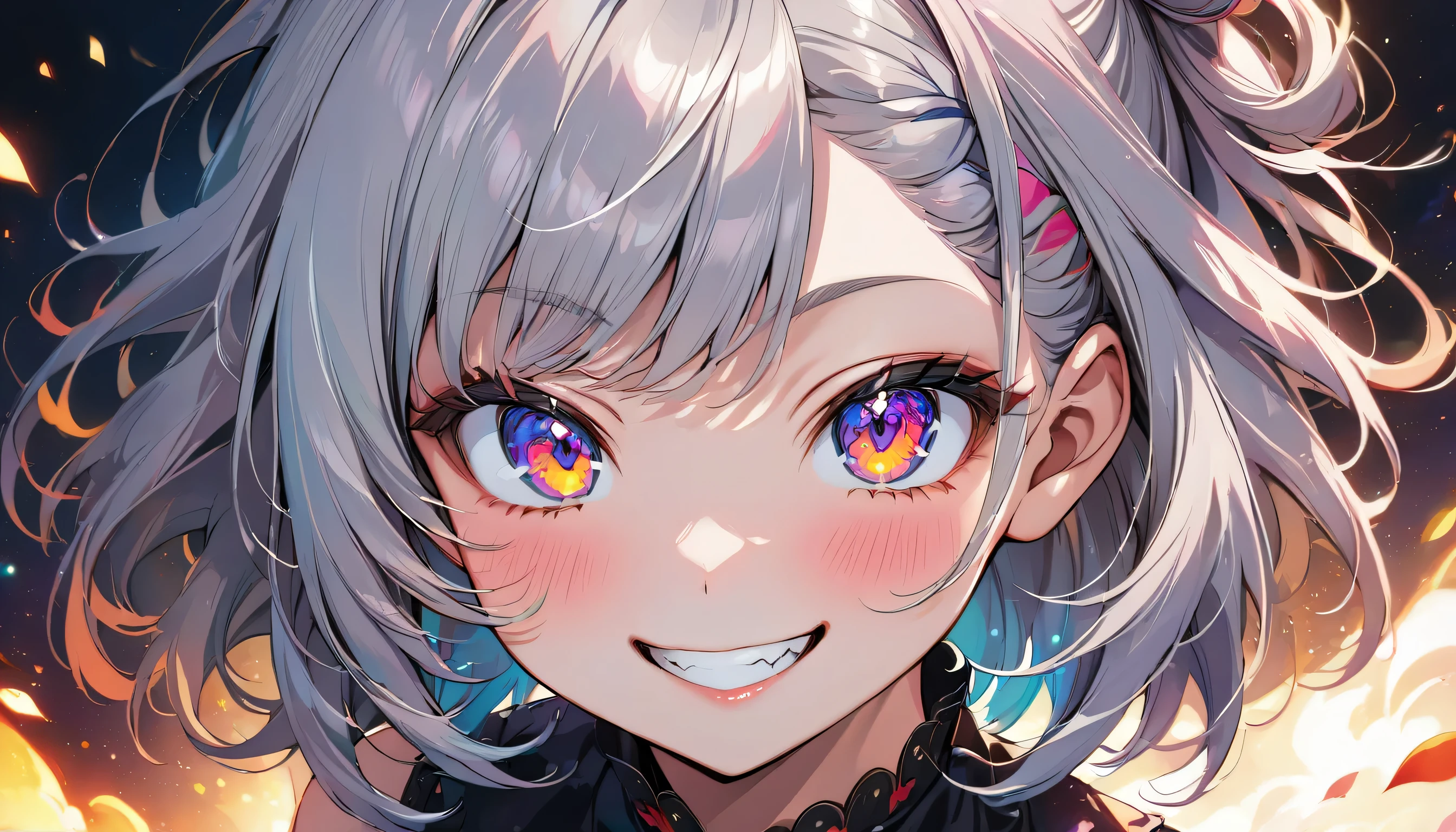 ((Masterpiece)), ((best quality)), (Anime:1.3), (super detail:1.2), (High Definition:1.3), (Professional Photography:1.3), ((12 years old)), cute young Girl, Glossy unruly hair, (loose swept bangs), (silver ash hair), Bun Hair, medium hair, big eyes, (Eye bags:1.3), (Long eyelashes), colorful eyes, (evil smile and blush), Glossy lips, (jagged teeth), farewell, (whtie long Cheongsam), barearms, cute, (full body), (colorful:1.3), gothic makeup, (wearing headphone), Dance joyfully, pretty, glassland, neon-lit, pretty, Celtic, maniac, facing the camera, colorful petals dance around, starry night, from above,