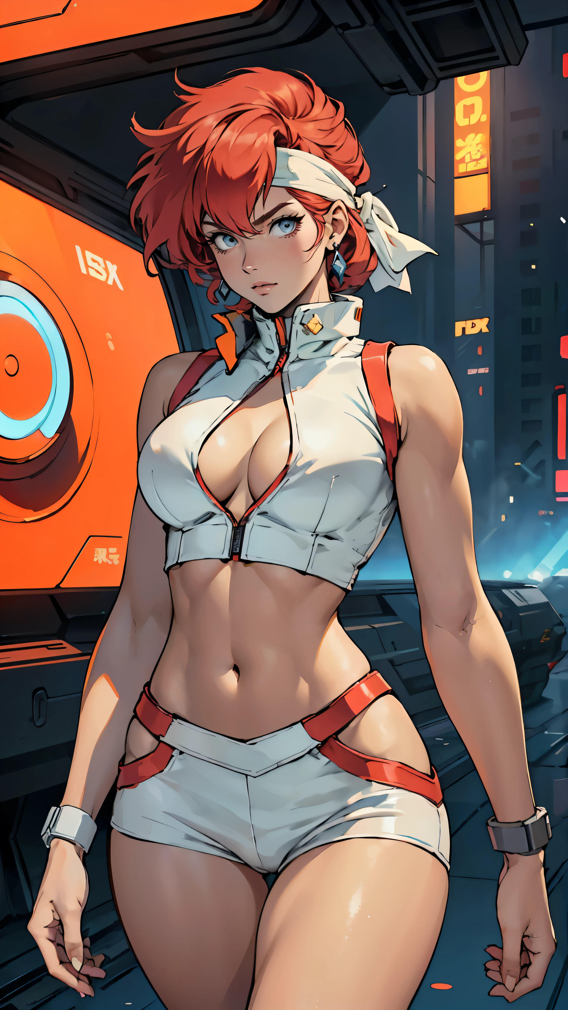 ((Masterpiece, highest quality; 1.3)), super quality, beautiful detail, super detailed, extra fine, 16K, exquisite, absurd, high resolution, beautiful background, detailed background, beautiful eyes, beautiful skin, anime style, Kay from Dirty Pair in a white outfit, tight outfit, cleavage, bushy redhead beauty, very light blue uniform, wearing tight clothes, skimpy, (mid chest: 1.2), cleavage, cleavage, slim waist , thin waist, slim thighs, thin legs, slim legs. thigh gap, showing stomach, skinny, thin hips, cyberpunk city background, retro space gun holding, headband,