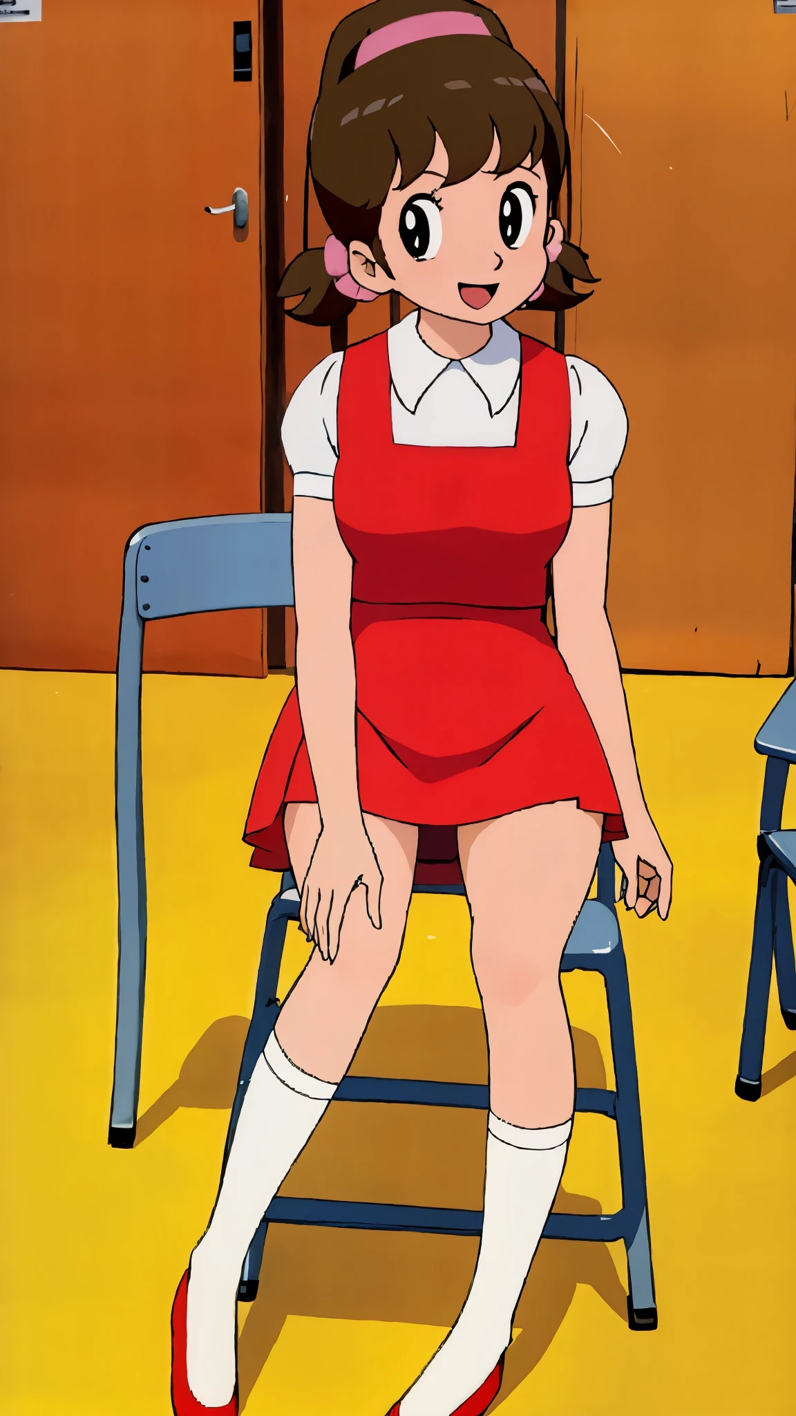 masterpiece, highest quality, alone,1 girl,looking at the viewer,School, cowboy shot,anime style,
akkochan,School classroom、Sitting in a chair、Laughing with your mouth open、Bust up images、Large breasts、With legs spread、