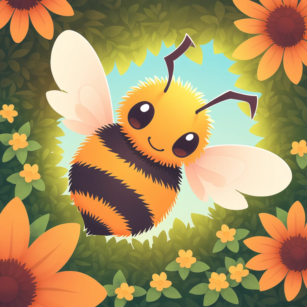 fuzzy Bumble Bee in animated art style with garden background