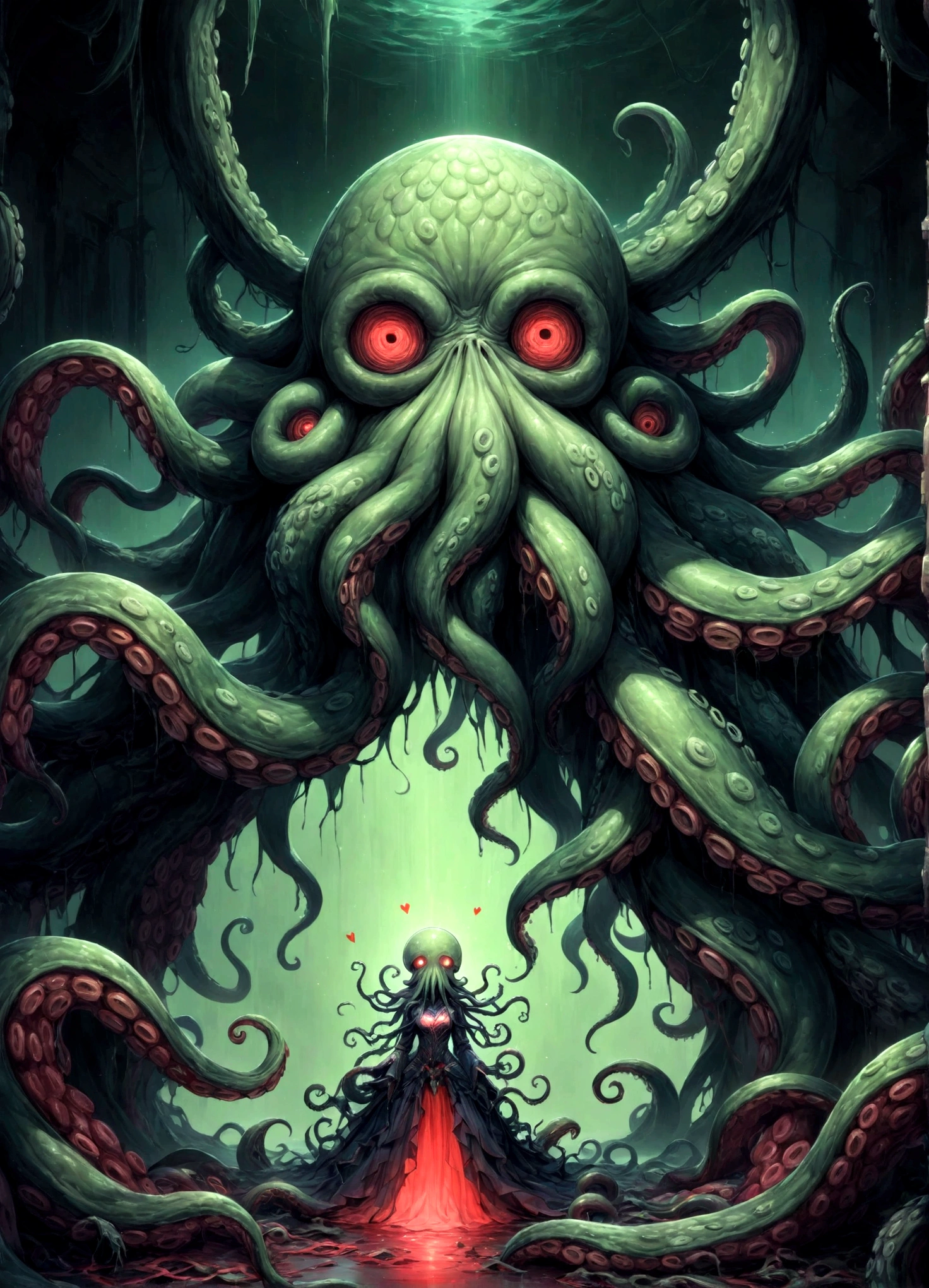 A dark fantasy scene depicting the terrifying creature Cthulhu,emerging from the abyss. The monstrous figure,shrouded in shadows,has large,((menacing tentacles reaching out toward the viewer:1.3)),The atmosphere is eerie and foreboding,with a stormy,nightmarish sky filled with swirling dark clouds. The sea below is turbulent and foamy,reflecting the chaos above. Dim,ghostly lights illuminate parts of Cthulhu’s form,enhancing the horror. The viewer feels an intense sense of dread as the tentacles draw nearer,creating a gripping,immersive experience.,(masterpiece:1.3),(highest quality:1.4),(ultra detailed:1.5),High resolution,extremely detailed,unity 8k wallpaper,(Draws a dark and decadent background,Expresses the fear that the viewer feels,collapses the bottom of the image,Know the love of the god of chaos,Please express it artistically by blurring it in some places.),dynamically,Presence,fear,despair,dark fantasy,Nervousness,Light and shadow,Cthulhu's head resembles an octopus,Use red as an accent color