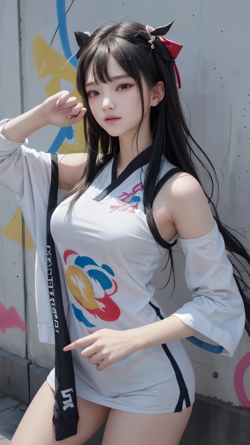 (best quality), masterpiece, 极其细致的CG8K插painting, high color, Extremely high color saturation, All colors are darkened.., painting, graffiti art, central configuration, 매우 상세한 빛과 painting자, graffiti wall, The walls are painted in bright colors, 소녀 1명 graffiti wall을 바라보는 소녀 1명, The face and eyes are really detailed.., medium length hair, Sportswear, colorful clouds