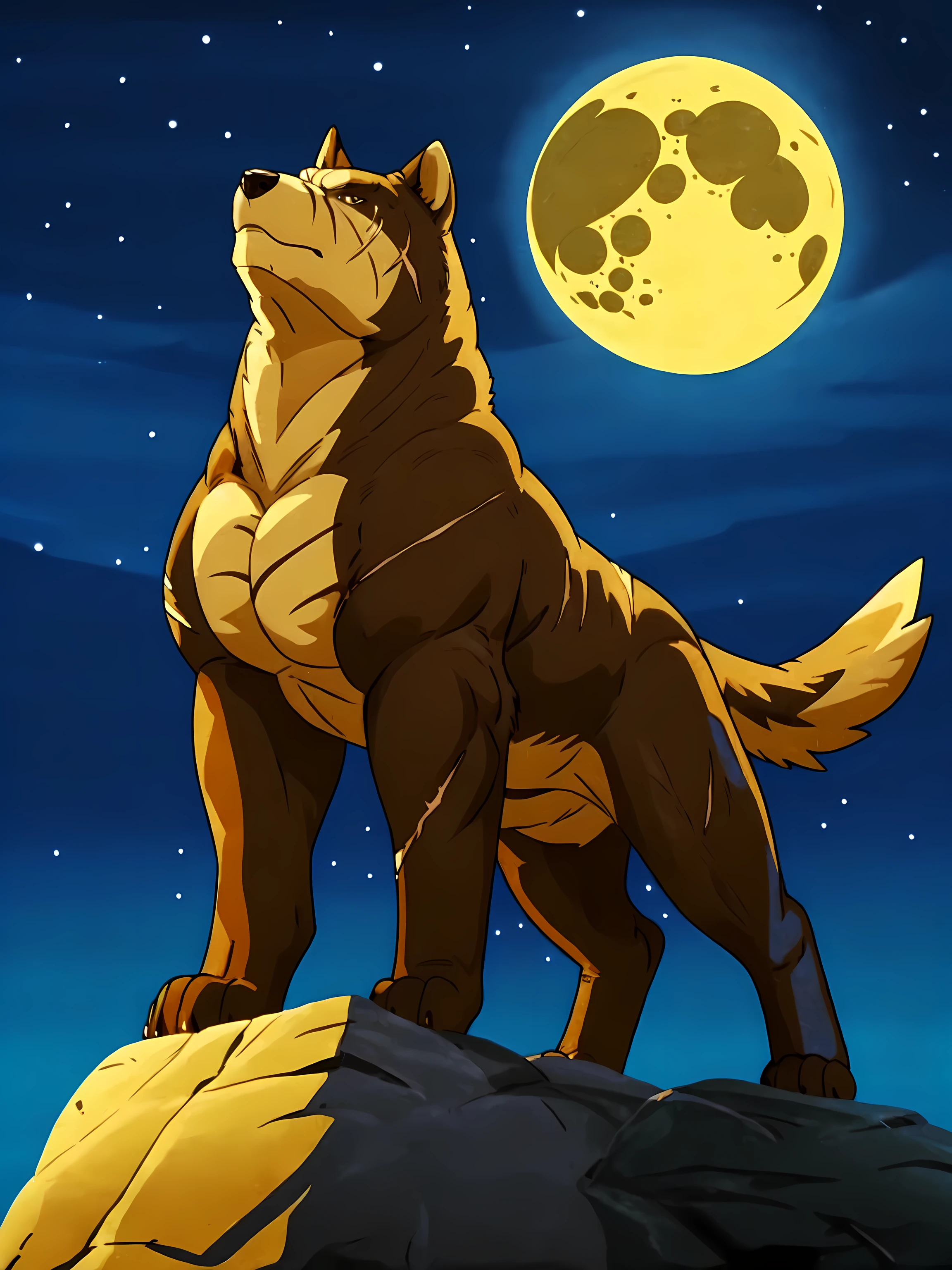 riki, brown fur, scars, male, masculine, feral:1.1, quadruped, (muscular forelegs, muscular neck, muscular shoulders, muscular hindlegs, muscular feral):1.5, pectorals:1.1, biceps half body, detailed, high quality, best resolution, solo, posing, (night background, stars, full moon), (backlight, dramatic shadows, strong shadows):1.1, by wfa, by seibear, by rossciaco, by taran fiddler, by echin:0.5, cel shaded, proud, majestic, mwvector