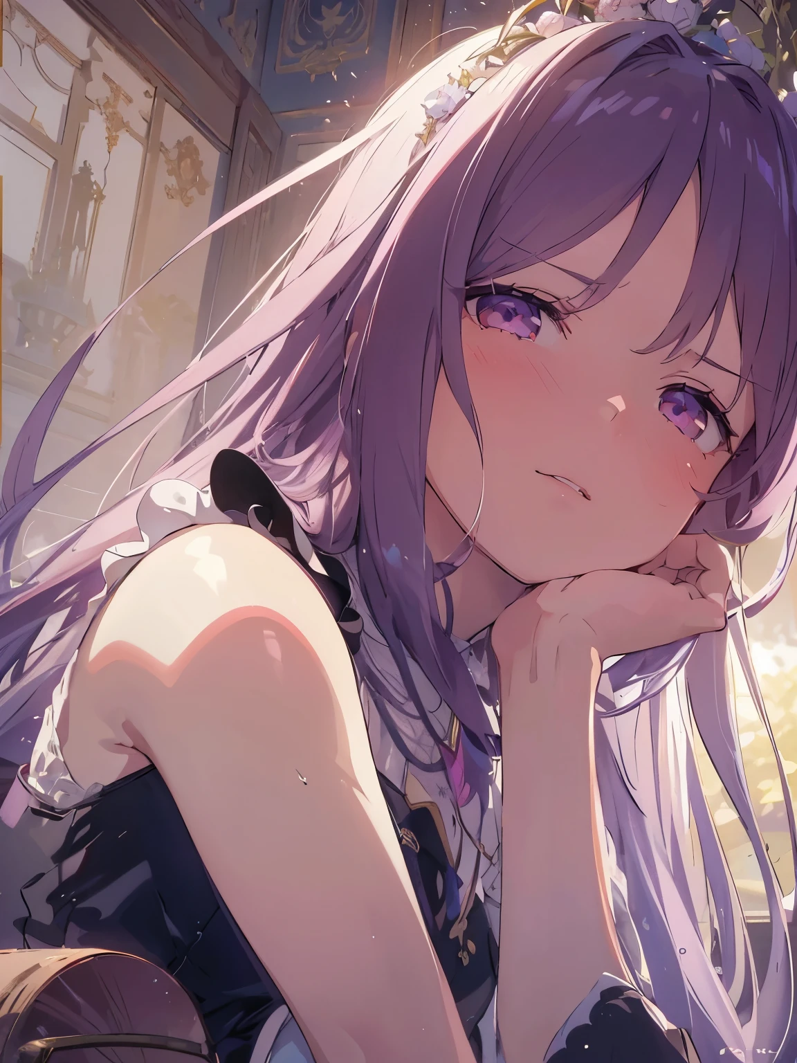 1 girl, Beautiful and detailed, Purple long hair, Pale red eyes, Princess Dress, Glowing Skin, solve, (Anime Style:1.6)High contrast girl, Sitting, Side Shot, (null:1.3), (masterpiece, highest quality, perspective, Depth of written border:1.5), Flowers, Rocky Mountain, forest, Beautiful Face, Thighs, From below, 8K, Raw photo, Confused, Impressionism, (Tom Thomson, Claude Monet, Joaquin Sorolla, James Wilson Morris, John Fabian Carlson, Hugh Henry Breckenridge:0.8), HDR, Realistic, Film Grain, chromatic aberration, 高solve, Very detailed, finely, Dynamic Lighting, Dramatic lighting, Shadow, Sharp focus, Highly detailed eyes and face, Sharp pupils, Realistic student Accurate hands