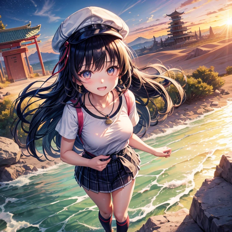 Red Blue Hair、Golden Eyes、Braid、One good looking girl、solo、anime、Checkered mini skirt、Ruffles on the skirt、Red T-shirt、camisole、cardigan、Black knee-high socks、Wearing a baseball cap、Wearing a ribbon、Ribbon on waist、Tilting face、Teeth are visible、Sunset sky、Piercing the clouds、Contrail、Cumulonimbus、Pillar of Light、Silver coin necklace、A world of light、shine、From above、bell、torii、Desert Oasis、water is gushing out、Wearing a name tag、Sparks are flying、Bowing