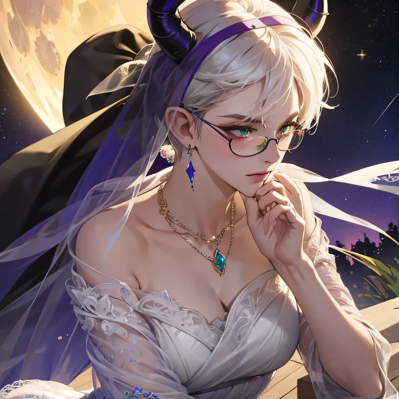 8k, masterpiece, best quality, highly detailed, 1 girl, tiefling, warlock, multicolored hair, very short straight hair green highlight hair on white hair, strippled hair, wearing glasses, round glasses, earrings, long dress with side cut, lace dress, red eyeshadow, long eyelashes,navel piercing, blushed cheek, necklace, collarbone, high heels, mole, glamorous, purple and teal clothing, villainy, smirk, seductive face, close up view, rings, looking at viewer, standing, demon horns, solo, starry night, full blue moon, hand touching cheek, chruch, black lace gloves, holding fan, wearing veils. 