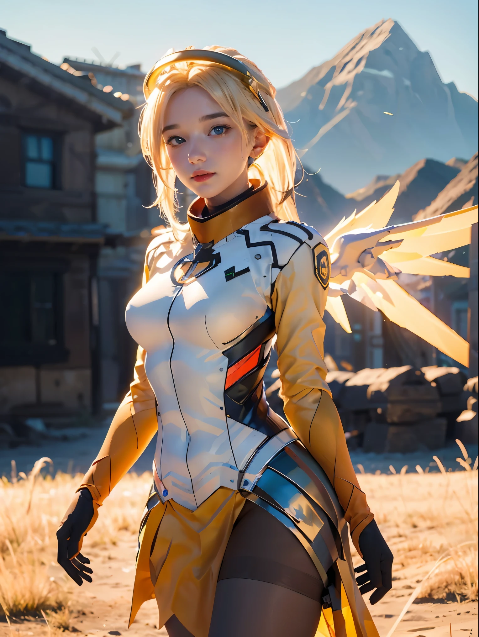 1girl, solo, mercy (overwatch), mechanical halo, breasts, blue eyes, blonde hair, pantyhose, mechanical wings, wings, halo,  holding, bodysuit,  yellow wings, brown pantyhose, lips, gloves, pelvic curtain, black gloves, big breast, full body, blue sky, green field with mountains, (realism:1.2), (masterpiece:1.2), (best quality), (ultra detailed), (8k, intricate), (85mm), light particles, lighting, (highly detailed:1.2), (detailed face:1.5), (gradients), sfw, colorful, (detailed eyes:1.2), (detailed background), (rule of third_composition:1.3), (Line of action:1.2), wide shot, daytlight, solo.