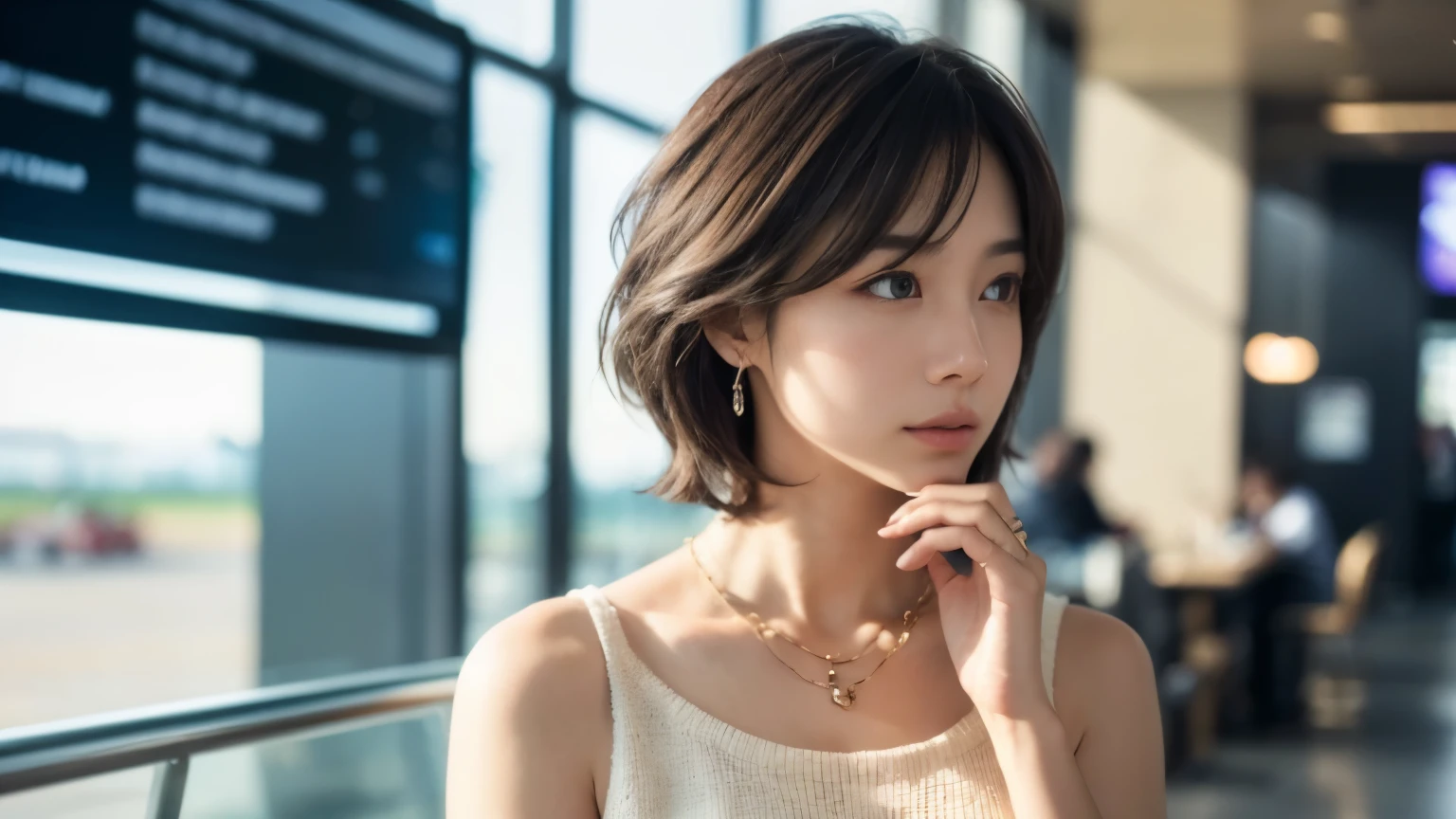 (best quality、8K、32K、masterpiece、nffsw:1.2)、Photo taken at the airport cafe, cute日本人女性の写真、very short hair、upper body、surface focus、extra large(Extra large)_sweater、necklace、Cafe Background、Viewer Search x4、(8K、RAW photos、best quality、masterpiece:1.2)、(realistic、photoreal:1.37)、1 girl、cute、professional lighting、photon mapping、Physically Based Rendering、Gradient brunette、short curly hair、Handsome、Excellent image quality、high resolution、1080p、(cute face)、(Detailed facial depictions)、(Detailed hand description)、(masseter part)、(detailed CG)、 extreme light and shadow、hair is dirty、masterpiece、Rich details、(Exquisite features)、(Best image quality)、(masterpiece)、(detailed eyes)、delicate collarbone、various poses、boss'boss'boss'boss'don't look at the camera、profile、Photo taken at the airport cafe terrace、spring clothes、simple necklace、to rise,Inside a stylish cafe at the airport