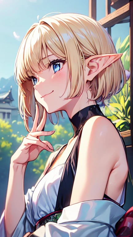 Very close、((Focus on the upper body))、16k、masterpiece、High resolution、High resolution、Samurai、((****ung elven woman))、((Beautiful white skin))、((Beautiful blonde))、((Small breasts))、Bunhead、short hair、((Beautiful Blue Eyes))、((Pointed Ears))、Smiling Kindly、smile、blush、Pink Lip Gloss、Shiny skin、((Samuraiの鎧を着る))、((Japanese Castle))、Courting me、((Put your hand on your cheek))