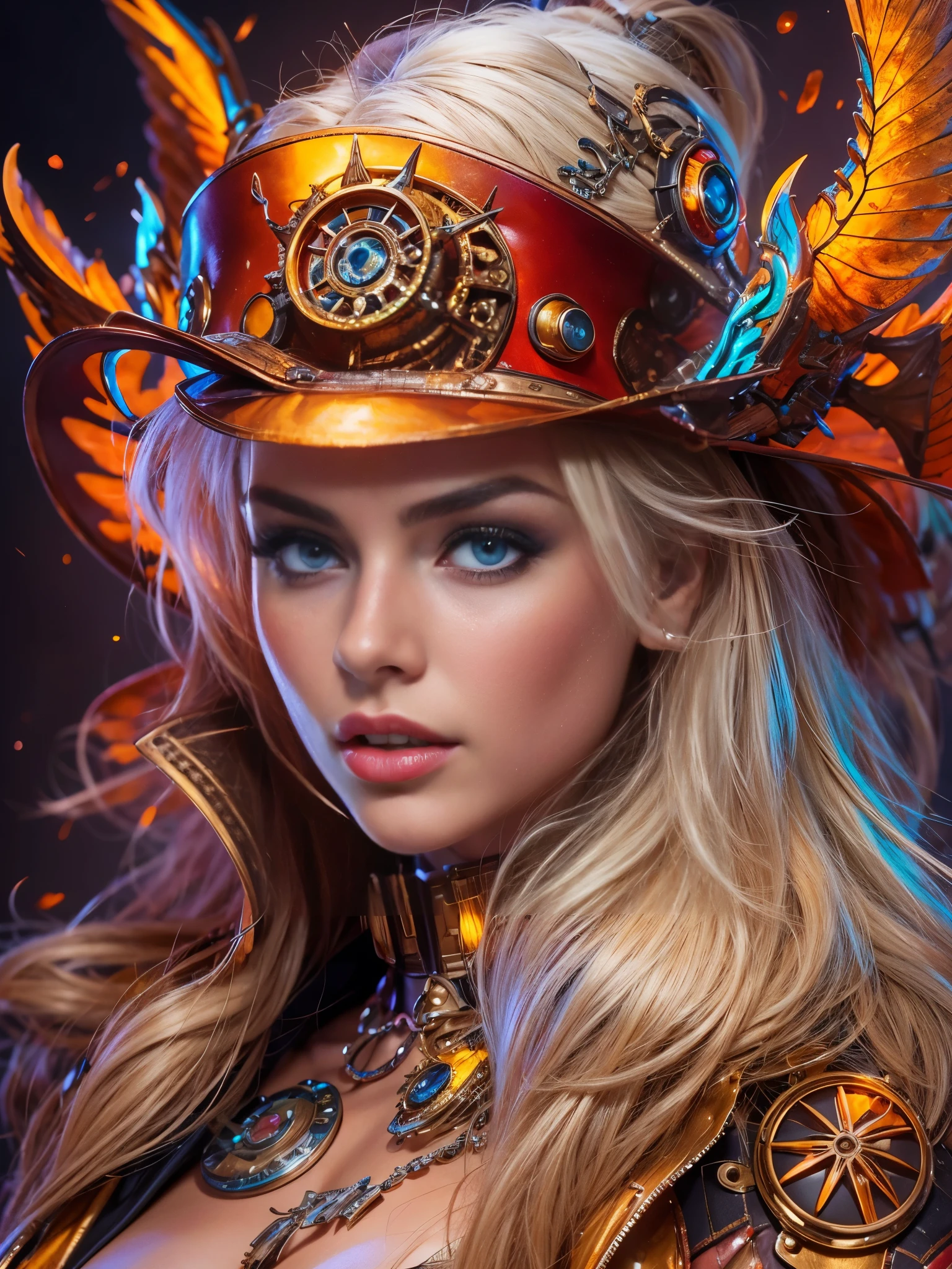 One ultra hot gorgeous European Woman, age 23. She’s a beautiful playmate, men magazine model. style Steampunk, steam punk warrior, dark colors,  neon blues, led, hyperrealistic, background dragon red and fire, yellow, full colors vibrants. Perfect anatomy, perfect hair, perfect breast, perfect body, perfect hands, perfect face, perfect eyes, accurate, anatomically correct, perfect clear and crisp focus, UHD, masterpiece, 
