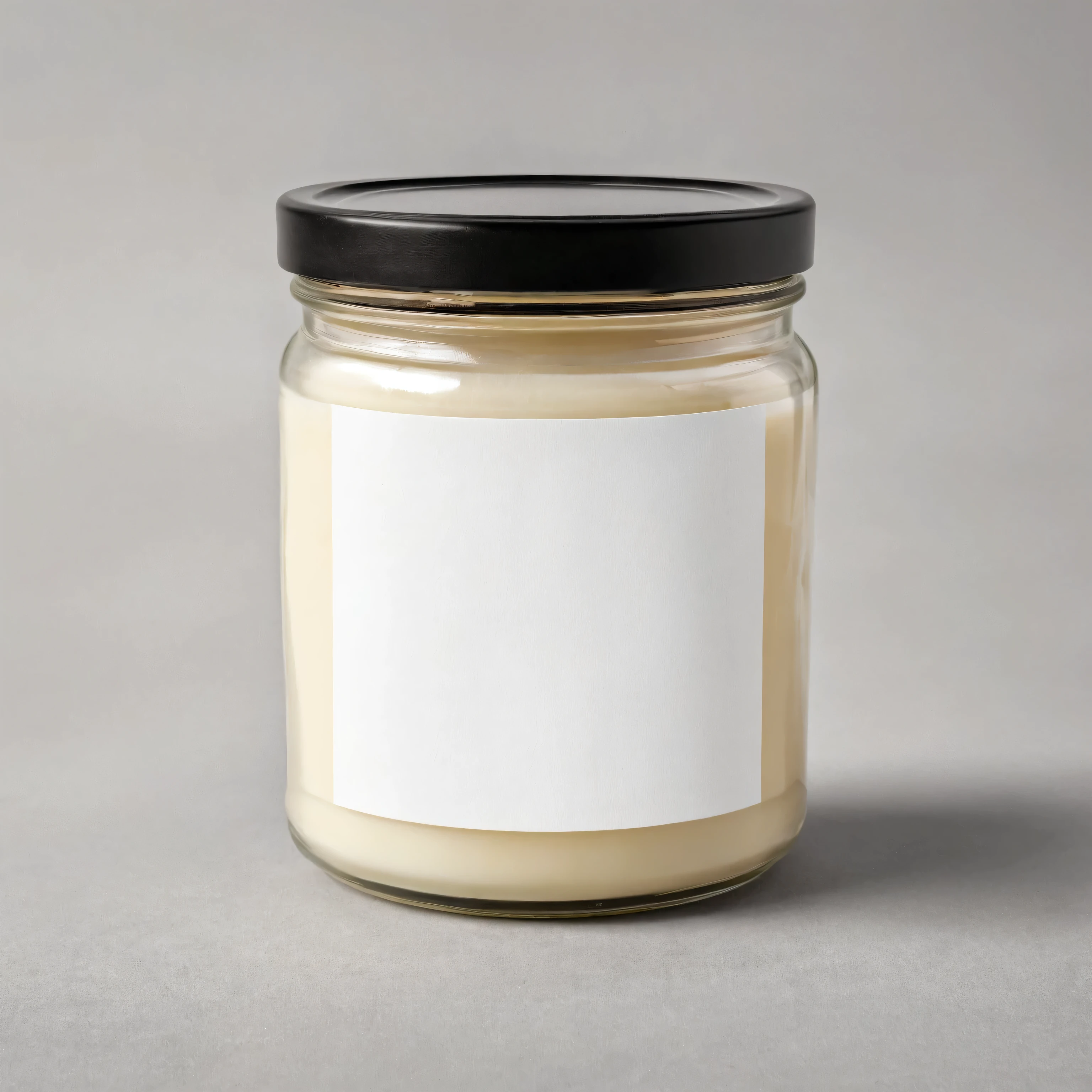 Mockup empty, a blank small beige candle in a jar with white label and black lid on white background