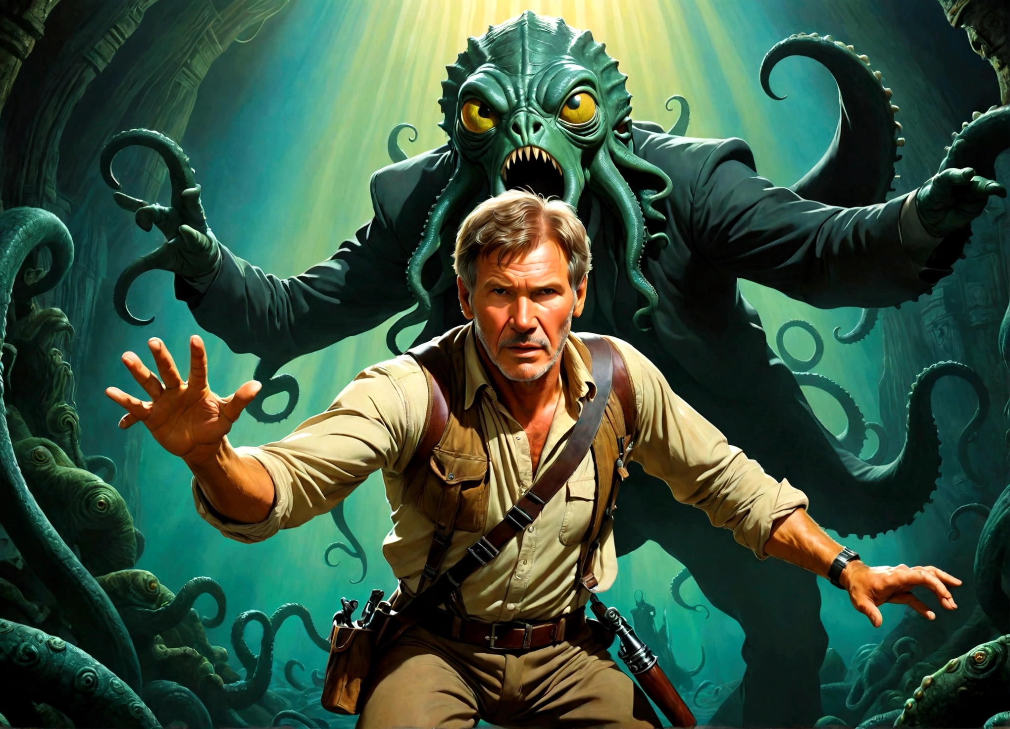 50s movie poster, Harrison Ford (age 30) adventurers gear dramatic pose, Cthulu and his dark shadow reaching for him