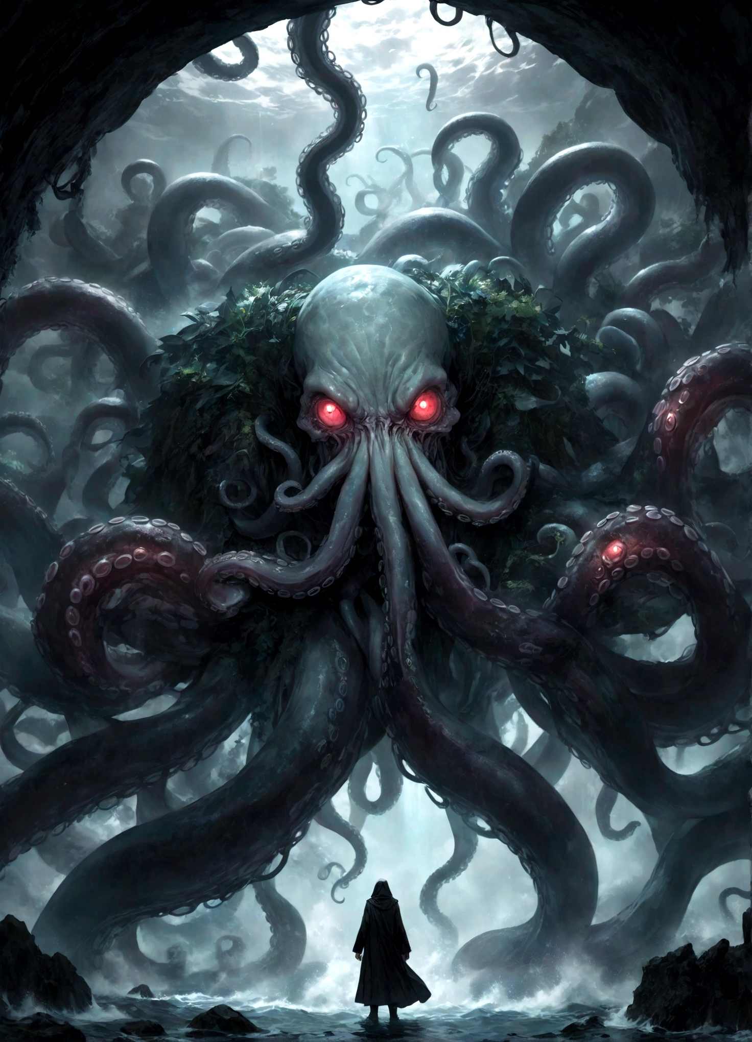 A dark fantasy scene depicting the terrifying creature Cthulhu,emerging from the abyss. The monstrous figure,shrouded in shadows,has large,((menacing tentacles reaching out toward the viewer:1.3)),The atmosphere is eerie and foreboding,with a stormy,nightmarish sky filled with swirling dark clouds. The sea below is turbulent and foamy,reflecting the chaos above. Dim,ghostly lights illuminate parts of Cthulhu’s form,enhancing the horror. The viewer feels an intense sense of dread as the tentacles draw nearer,creating a gripping,immersive experience.,(masterpiece:1.3),(highest quality:1.4),(ultra detailed:1.5),High resolution,extremely detailed,unity 8k wallpaper,(Draws a dark and decadent background,Expresses the fear that the viewer feels,collapses the bottom of the image,Know the love of the god of chaos,Please express it artistically by blurring it in some places.),dynamically,Presence,fear,despair,dark fantasy,Nervousness,Light and shadow,Cthulhu's head resembles an octopus,Use red as an accent color
