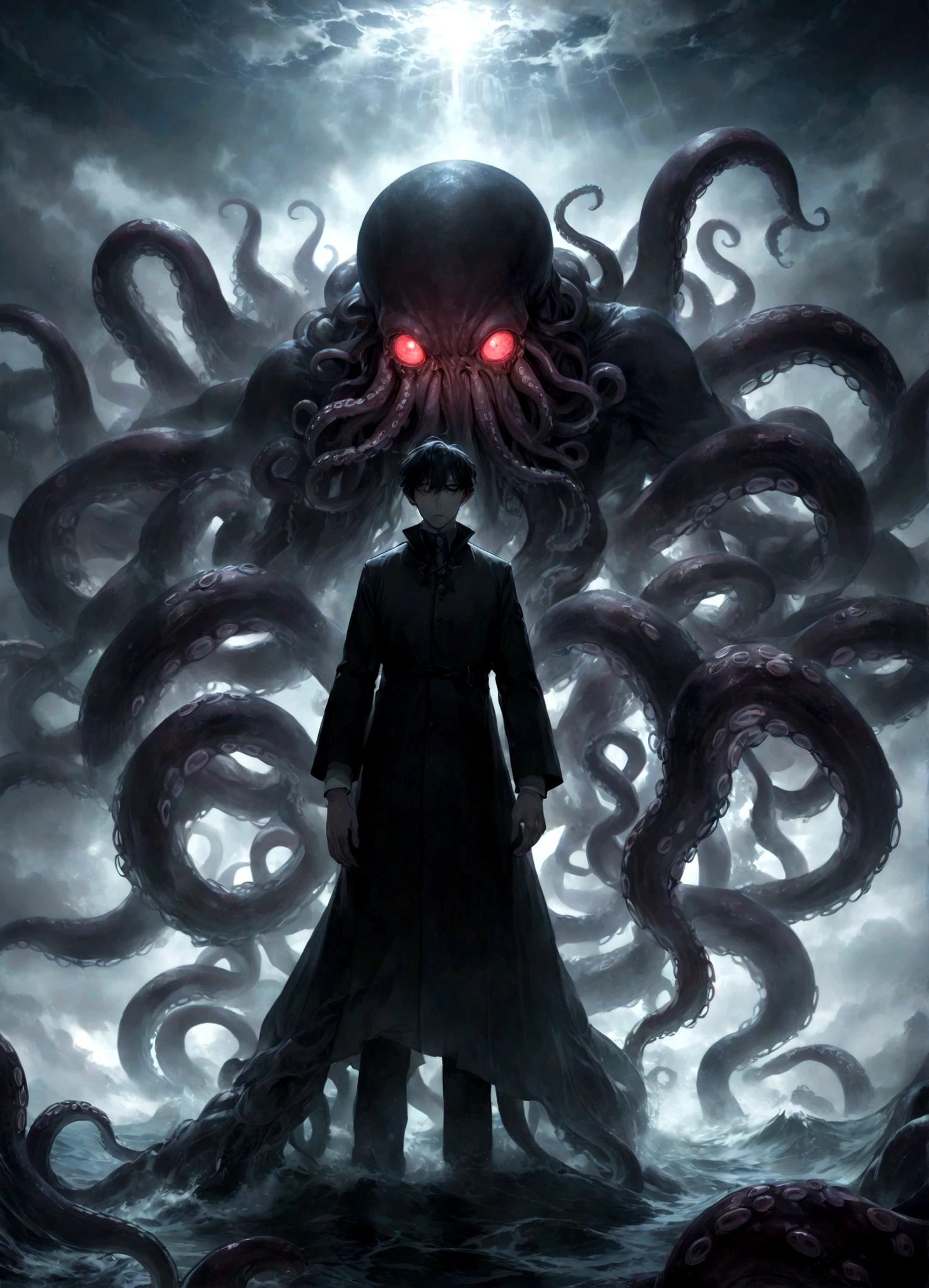 A dark fantasy scene depicting the terrifying creature Cthulhu,emerging from the abyss. The monstrous figure,shrouded in shadows,has large,((menacing tentacles reaching out toward the viewer:1.3)),The atmosphere is eerie and foreboding,with a stormy,nightmarish sky filled with swirling dark clouds. The sea below is turbulent and foamy,reflecting the chaos above. Dim,ghostly lights illuminate parts of Cthulhu’s form,enhancing the horror. The viewer feels an intense sense of dread as the tentacles draw nearer,creating a gripping,immersive experience.,(masterpiece:1.3),(highest quality:1.4),(ultra detailed:1.5),High resolution,extremely detailed,unity 8k wallpaper,(Draws a dark and decadent background,Expresses the fear that the viewer feels,collapses the bottom of the image,Know the love of the god of chaos,Please express it artistically by blurring it in some places.),dynamically,Presence,fear,despair,dark fantasy,Nervousness,Light and shadow,Cthulhu's head resembles an octopus,Use red as an accent color