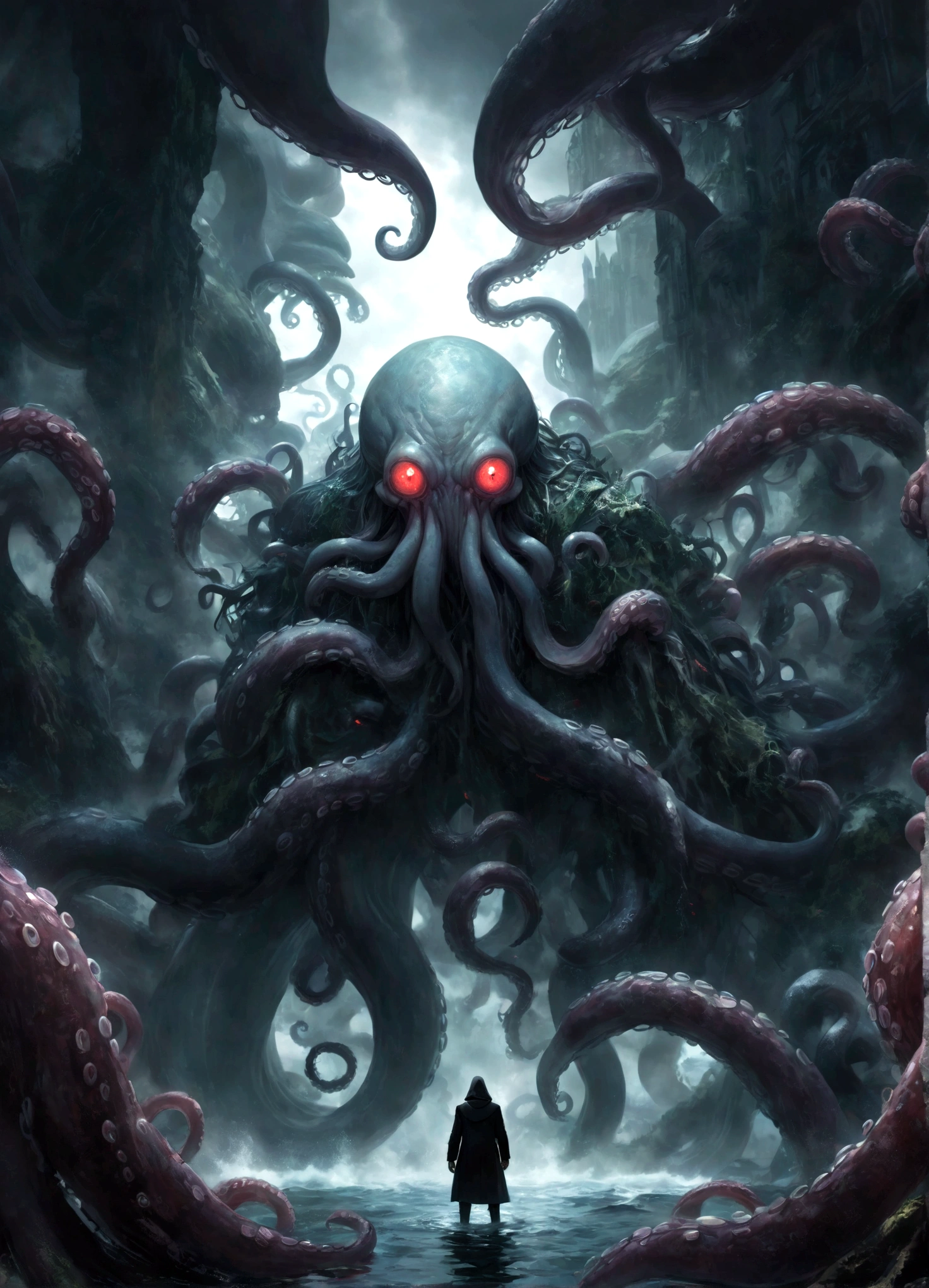 A dark fantasy scene depicting the terrifying creature Cthulhu,emerging from the abyss. The monstrous figure,shrouded in shadows,has large,((menacing tentacles reaching out toward the viewer:1.3)),The atmosphere is eerie and foreboding,with a stormy,nightmarish sky filled with swirling dark clouds. The sea below is turbulent and foamy,reflecting the chaos above. Dim,ghostly lights illuminate parts of Cthulhu’s form,enhancing the horror. The viewer feels an intense sense of dread as the tentacles draw nearer,creating a gripping,immersive experience.,(masterpiece:1.3),(highest quality:1.4),(ultra detailed:1.5),High resolution,extremely detailed,unity 8k wallpaper,(Draws a dark and decadent background,Expresses the fear that the viewer feels,collapses the bottom of the image,Know the love of the god of chaos,Please express it artistically by blurring it in some places.),dynamically,Presence,fear,despair,dark fantasy,Nervousness,Light and shadow,Cthulhu's head resembles an octopus,Use red as an accent color