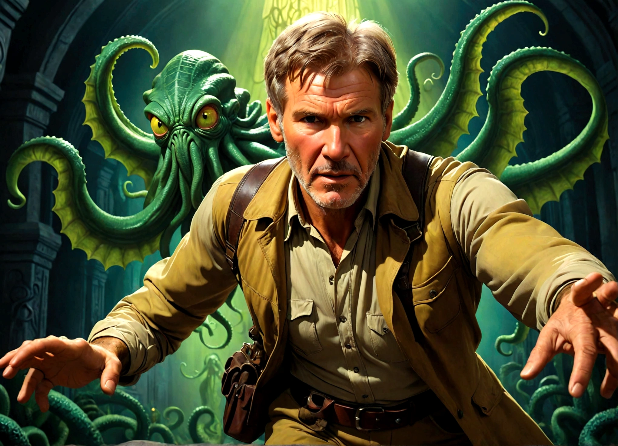 a dramatic retro 1950s movie poster, Harrison Ford (age 30) in adventurer's gear, dramatic pose, Cthulhu and its dark shadow reaching for him, cinematic lighting, vibrant colors, hyperdetailed, masterpiece, photorealistic, 8k