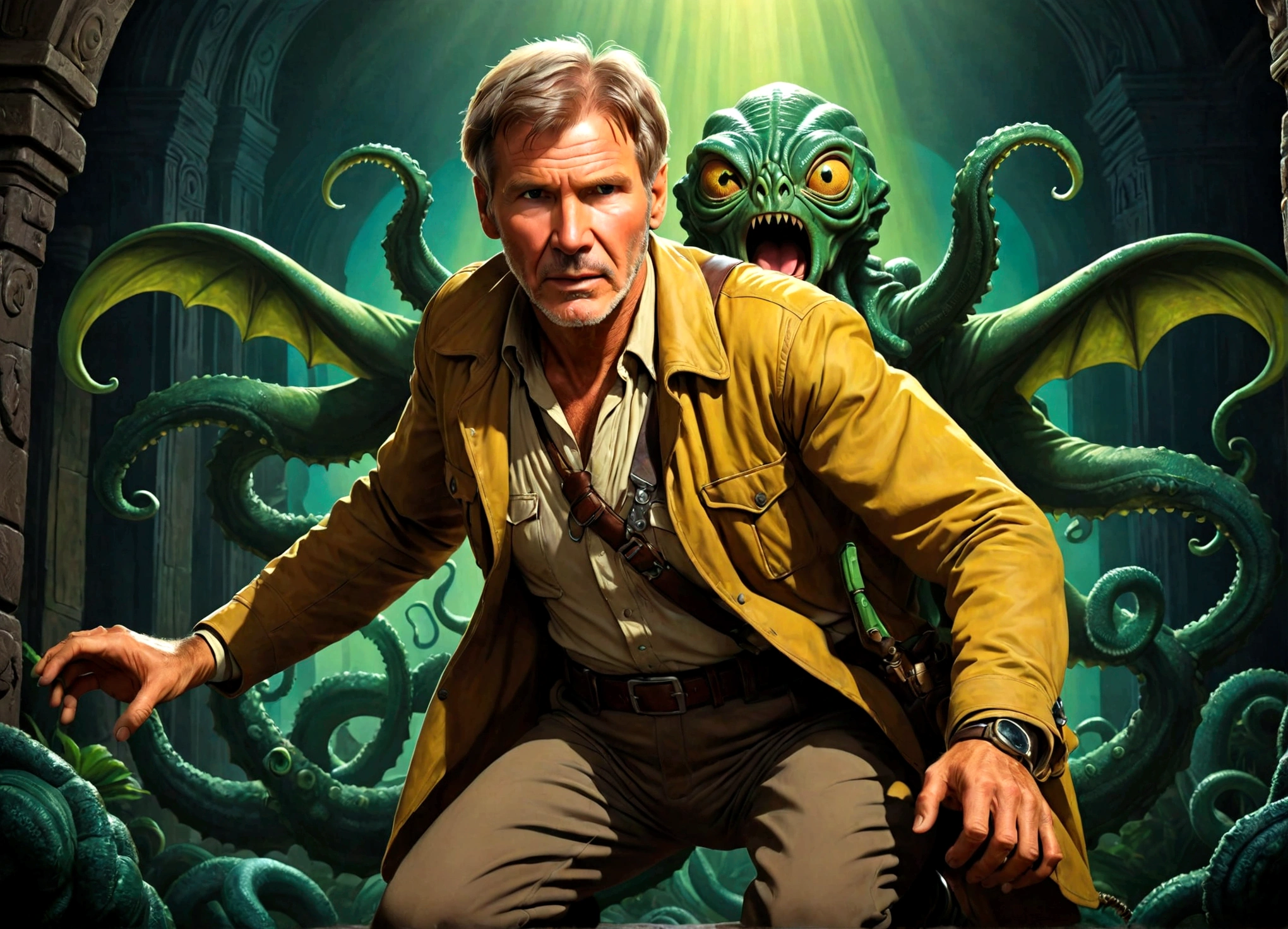 a dramatic retro 1950s movie poster, Harrison Ford (age 30) in adventurer's gear, dramatic pose, Cthulhu and its dark shadow reaching for him, cinematic lighting, vibrant colors, hyperdetailed, masterpiece, photorealistic, 8k