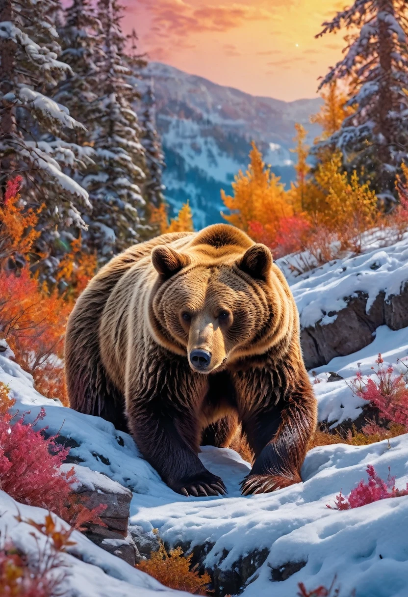 Hibernating bear, panoramic, Ultra high saturation, bright and vivid colors, intricate, (best quality, masterpiece, Representative work, official art, Professional, 8k)