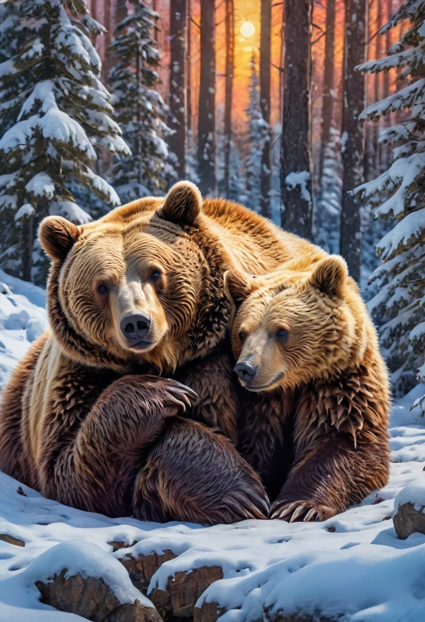 Hibernating bear, panoramic, Ultra high saturation, bright and vivid colors, intricate, (best quality, masterpiece, Representative work, official art, Professional, 8k)