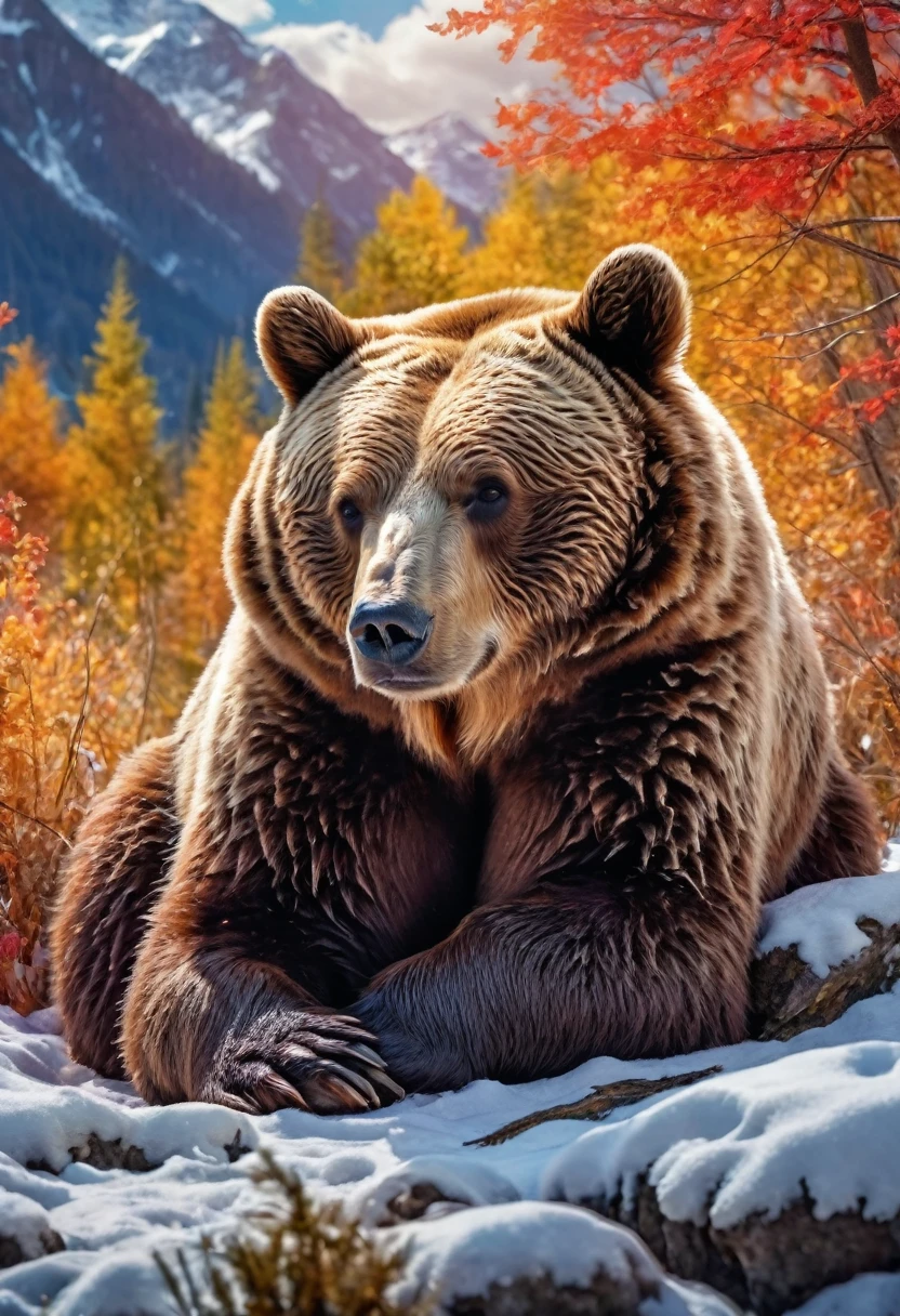 Hibernating bear, panoramic, Ultra high saturation, bright and vivid colors, intricate, (best quality, masterpiece, Representative work, official art, Professional, 8k)