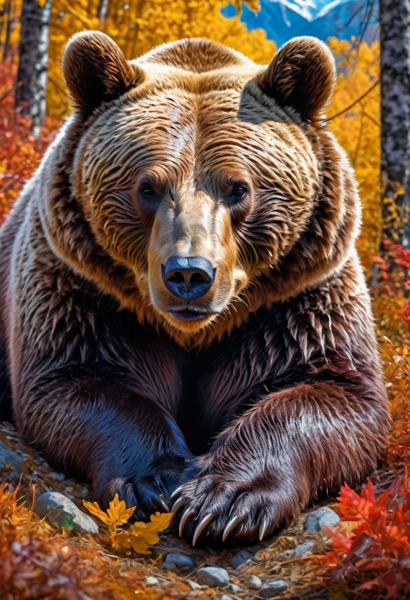 Hibernating bear, panoramic, Ultra high saturation, bright and vivid colors, intricate, (best quality, masterpiece, Representative work, official art, Professional, 8k)