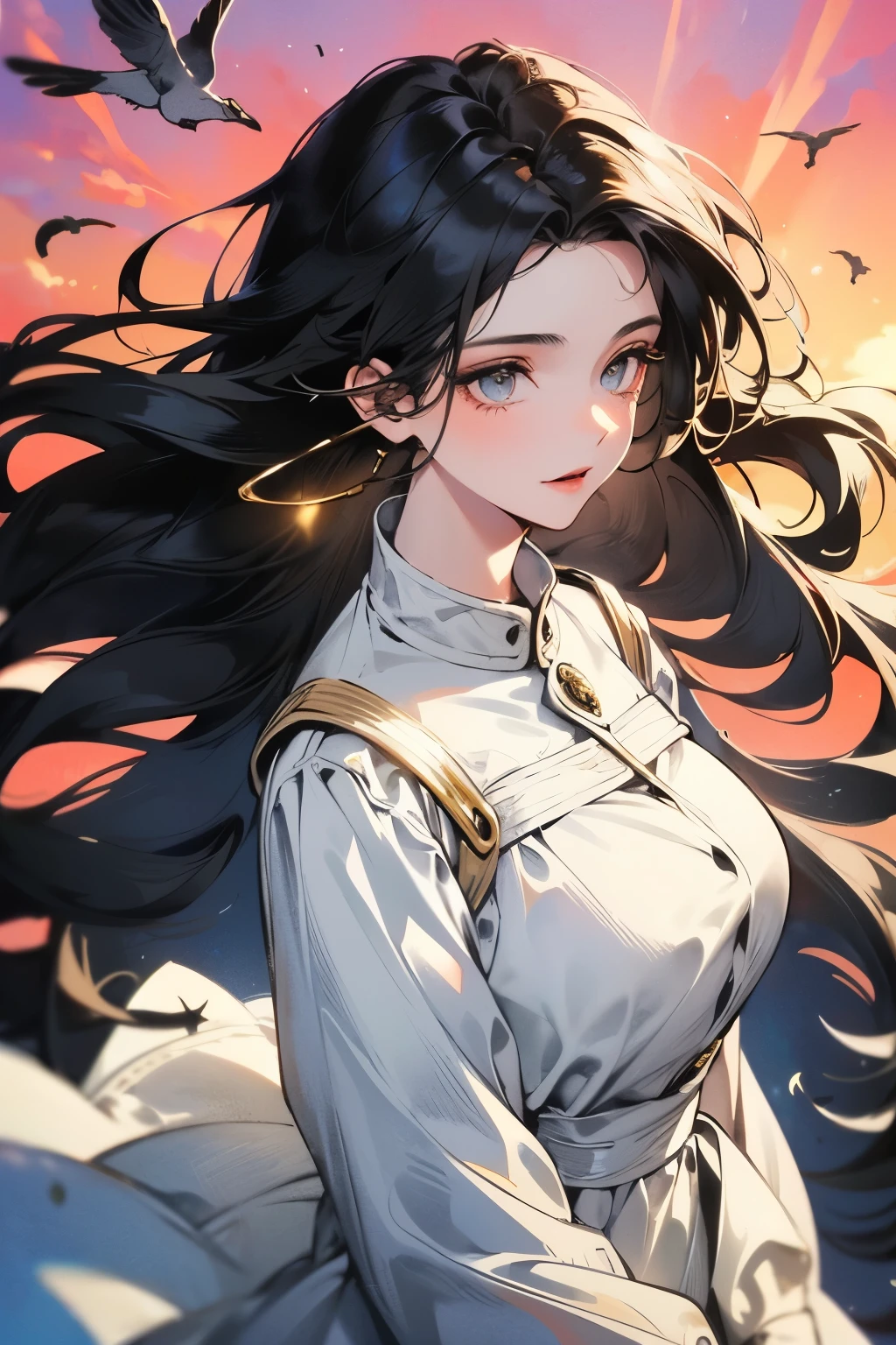 ((best quality)), ((masterpiece)), (detailed), A girl with long black hair wearing a white dress，Standing alone in a huge square，The wind blows her long hair noisily，Next to her is a flock of pigeons flying in the wind，Sunset，The sunlight shining on her and the pigeons seemed to be rimmed with gold.，bust