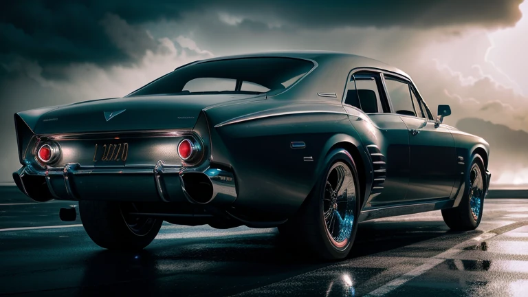 1960s luxury sedan, rear view, futuristic fantasy, epic sci-fi scene, intricate detailed design, glossy metallic body, glistening chrome accents, dramatic lighting, moody atmosphere, cinematic composition, photorealistic rendering, masterpiece, (best quality,8k,highres,masterpiece:1.2),ultra-detailed,(realistic,photorealistic,photo-realistic:1.37),cinematic lighting,dramatic shadows,volumetric fog,glowing energy field,gleaming chrome,aerodynamic body,intricate details,sleek and stylish