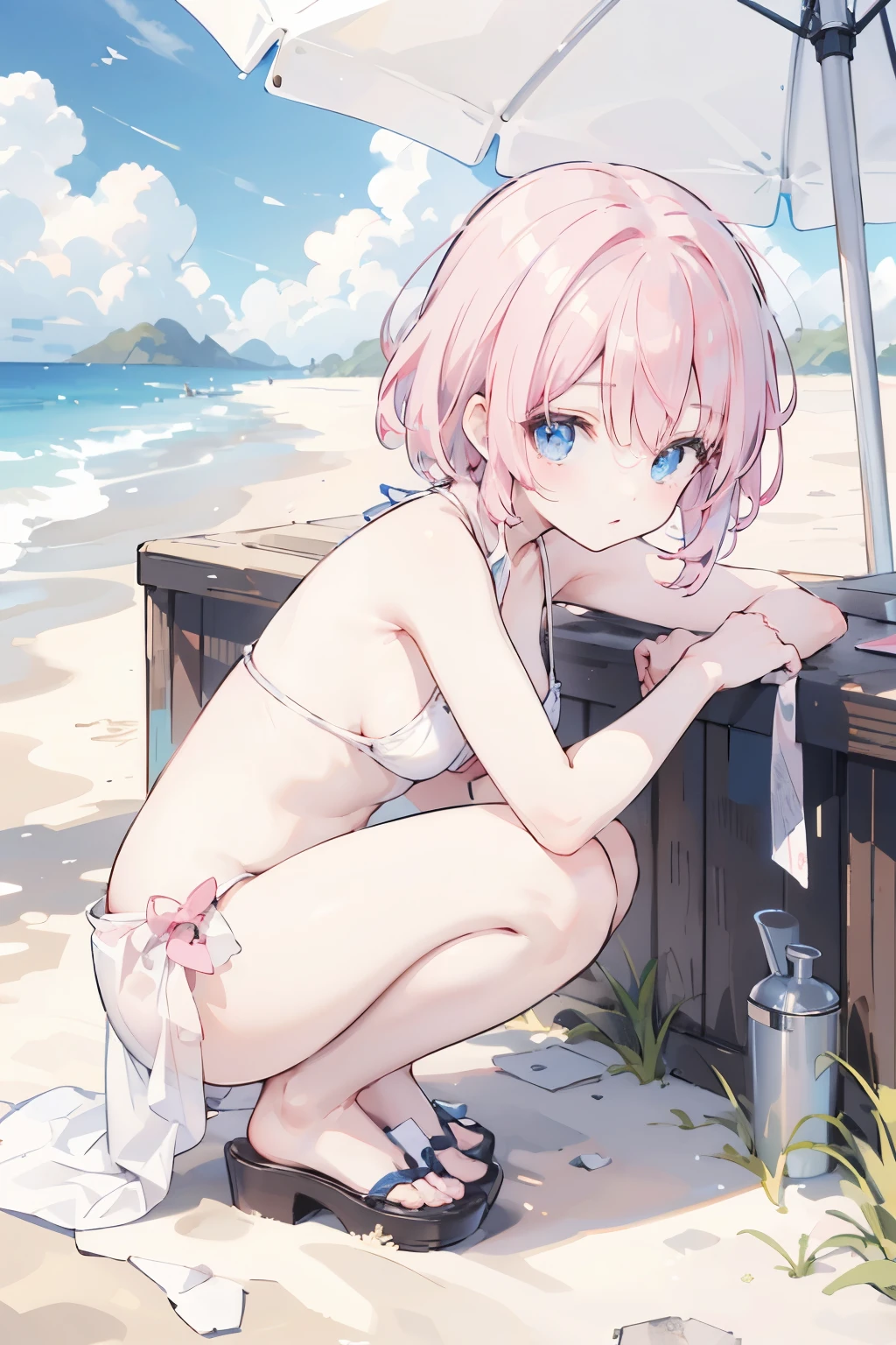 cute、、blue eyes、bikini、White panties、Crouched posture、Beach、Leaning forward、squat,Short Hair、Pink Hair