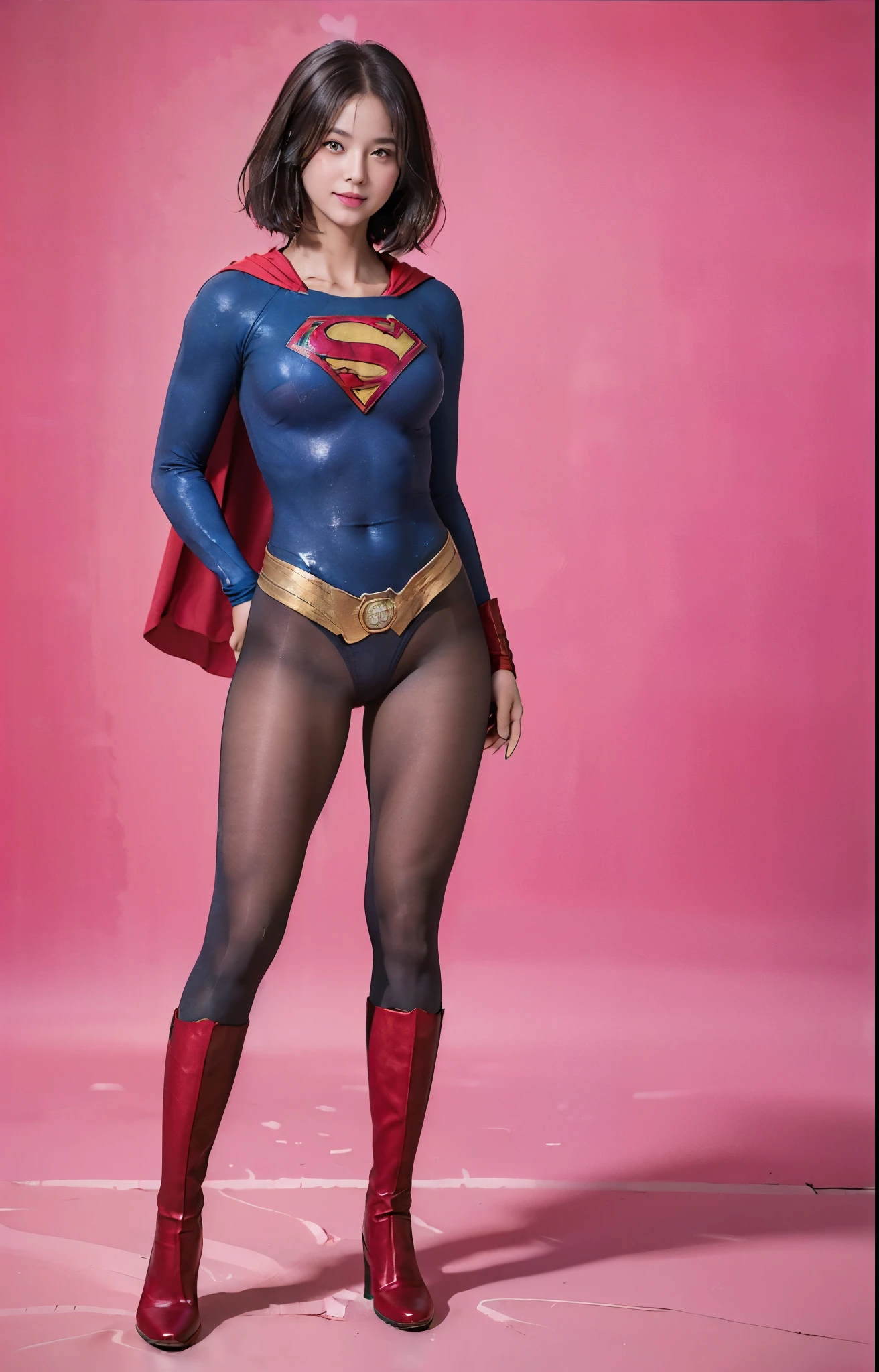 No background、(((Beautiful legs in black tights.)))、(((Legally express the beauty of your smile)))、((((Make the most of your original images)))、(((体にぴったりフィットするSupergirl Costume)))、(((Supergirl Costume)))、(((Beautiful short bob hair)))、(((She is winking cutely.)))、(((Please wear black tights....、Wear red boots)))、((Best image quality、8k))、((highest quality、8k、masterpiece:1.3))、(((Preserve background )))、Sharp focus:1.2、Beautiful woman with perfect figure:1.4、Slim Abs:1.2、Wet body:1.5、Highly detailed face and skin texture、8k