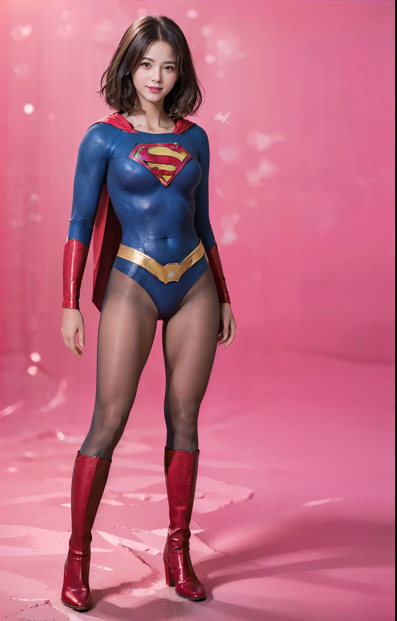 No background、(((Beautiful legs in black tights.)))、(((Legally express the beauty of your smile)))、((((Make the most of your original images)))、(((体にぴったりフィットするSupergirl Costume)))、(((Supergirl Costume)))、(((Beautiful short bob hair)))、(((She is winking cutely.)))、(((Please wear black tights....、Wear red boots)))、((Best image quality、8k))、((highest quality、8k、masterpiece:1.3))、(((Preserve background )))、Sharp focus:1.2、Beautiful woman with perfect figure:1.4、Slim Abs:1.2、Wet body:1.5、Highly detailed face and skin texture、8k