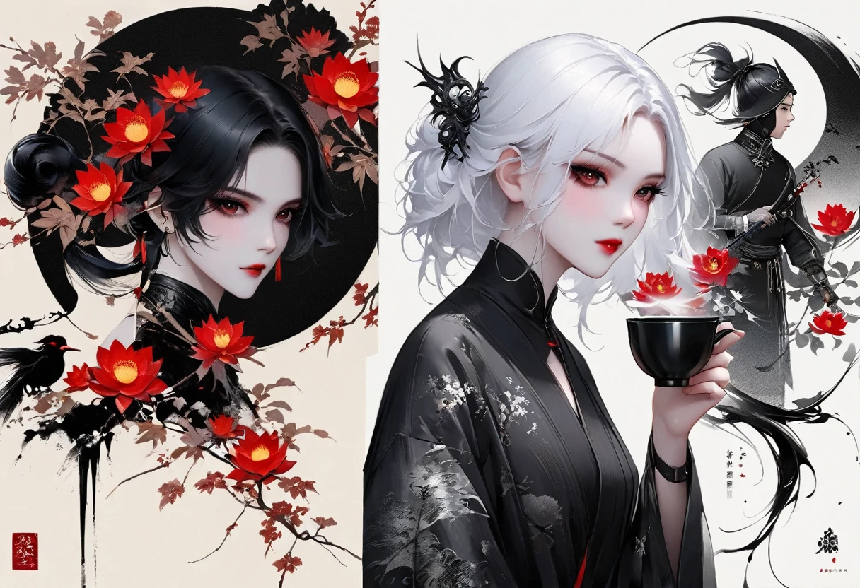 (Lots of white space:1.5)，(Lots of white space around:1.6), White background, simple, Minimalism, abstract,Freehand，Aesthetic，black and white，Ink Painting，antiquity，Lotus，Girl drinking tea，一幅abstract的艺术插图, author：Li Song, Arte no estilo de guweiz, arte shin jinyoung, Obra-prima de guweiz, Ross chart 1. 0, Beautiful digital illustrations, Inspired by non-WLOP, simple數位藝術, jingna zhang, guweiz, Stunning digital illustrations