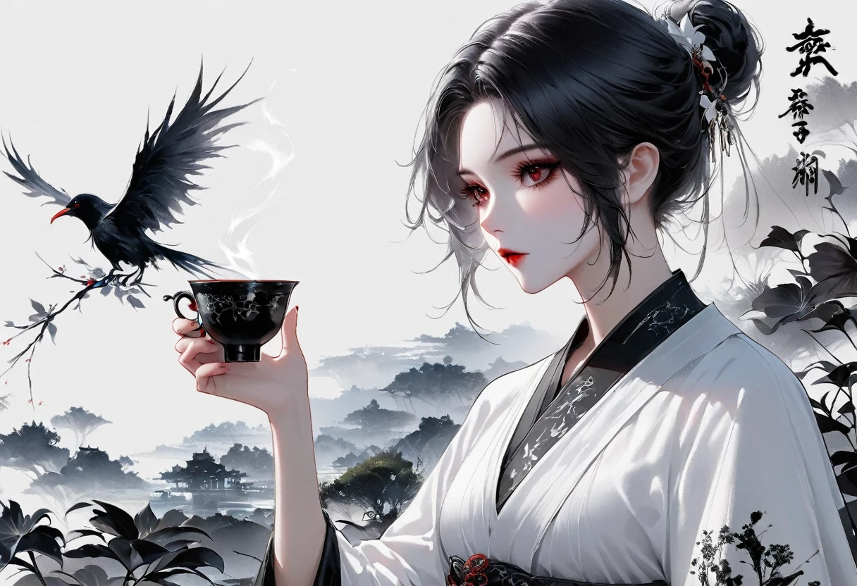 (Lots of white space:1.5)，(Lots of white space around:1.6), White background, simple, Minimalism, abstract,Freehand，Aesthetic，black and white，Ink Painting，antiquity，Lotus，Girl drinking tea，一幅abstract的艺术插图, author：Li Song, Arte no estilo de guweiz, arte shin jinyoung, Obra-prima de guweiz, Ross chart 1. 0, Beautiful digital illustrations, Inspired by non-WLOP, simple數位藝術, jingna zhang, guweiz, Stunning digital illustrations