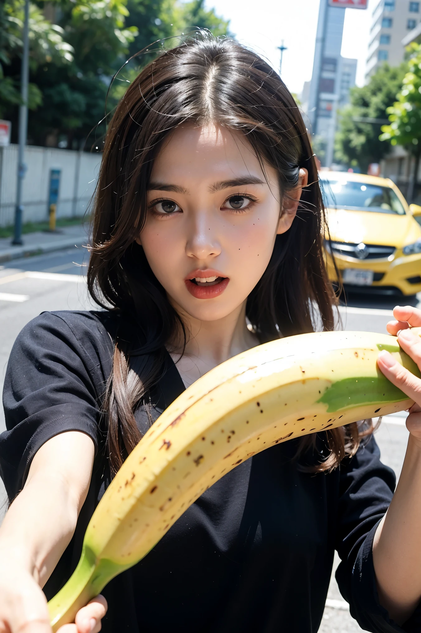 A girl with a very surprised expression,In front of her is a huge banana