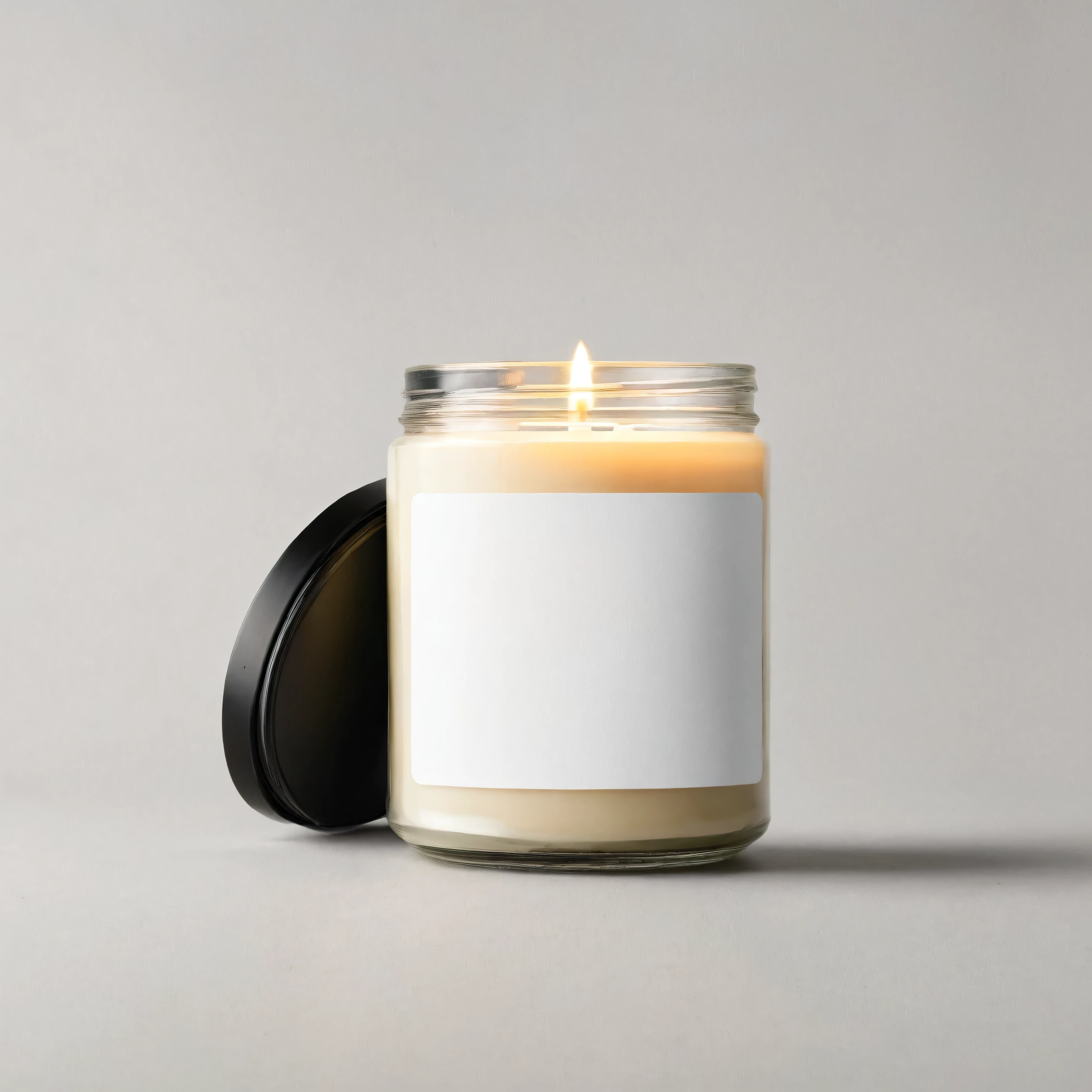 Mockup empty, a blank small beige candle in a jar with white label and black lid on white background