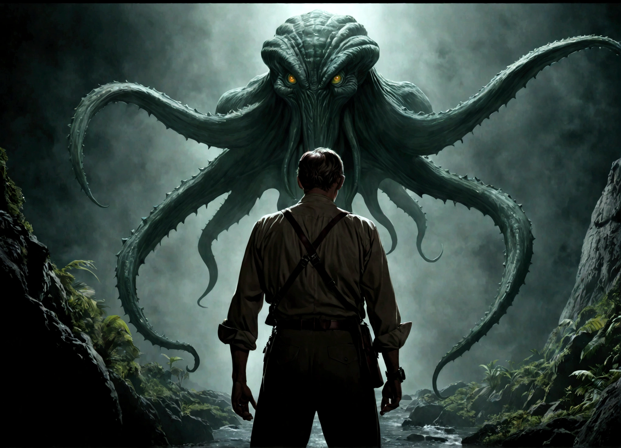 a 30 year old Harrison Ford in adventurer's gear, dramatic pose, Cthulu and its dark shadow reaching for him, 50s movie poster, (best quality,4k,8k,highres,masterpiece:1.2),ultra-detailed,(realistic,photorealistic,photo-realistic:1.37), cinematic, dramatic lighting, vibrant colors, retro style, epic, chiaroscuro, moody atmosphere
