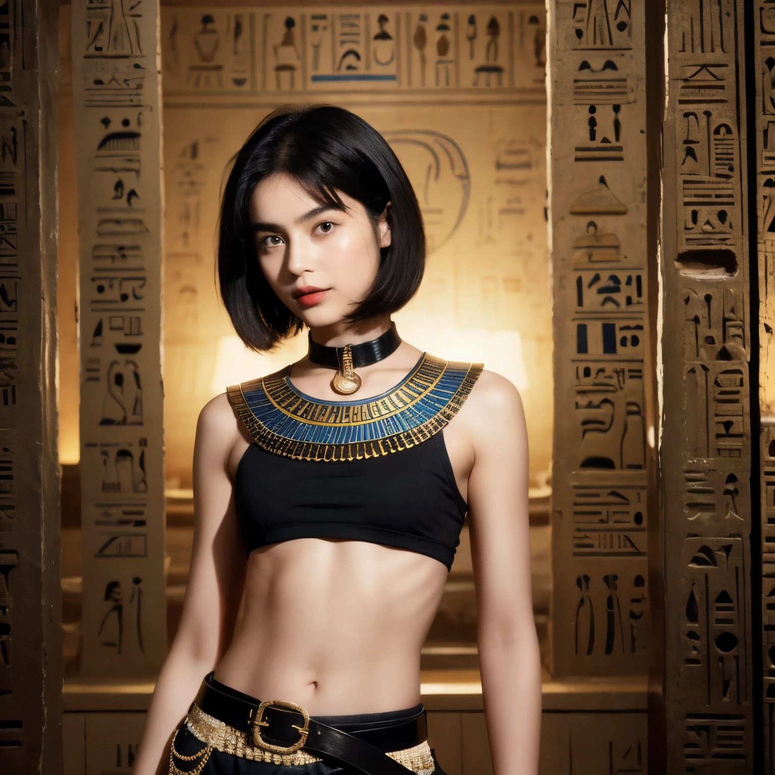 242 20-year-old female, short hair,kind, lipstick, Egyptian civilization, Belt on waist, hieroglyph
