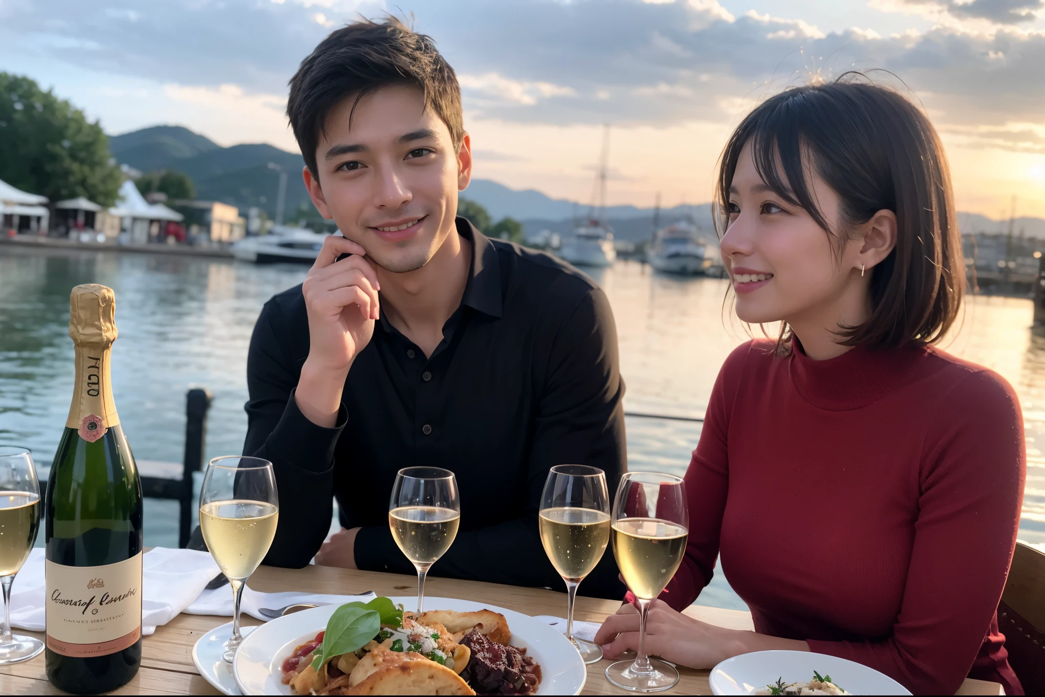 ((highest quality、8k、masterpiece:1.3))、1 male 1 female、A lover who resembles Saki Takaoka、Beautiful couple、smile、full-course dinner、 (Slim face), (the body is スリム), (Brown Hair), (short hair), テーブルの上のwine glass、Please shine a light on my face、 Amazing view of the sunset sky and clouds、 (Age 45), 39 years old, red wine 、Appetizers、Italian food、Wine bottle、Champagne、sparkling wine、Long sleeve shirt、dress、White wine, red wine, wine glass,