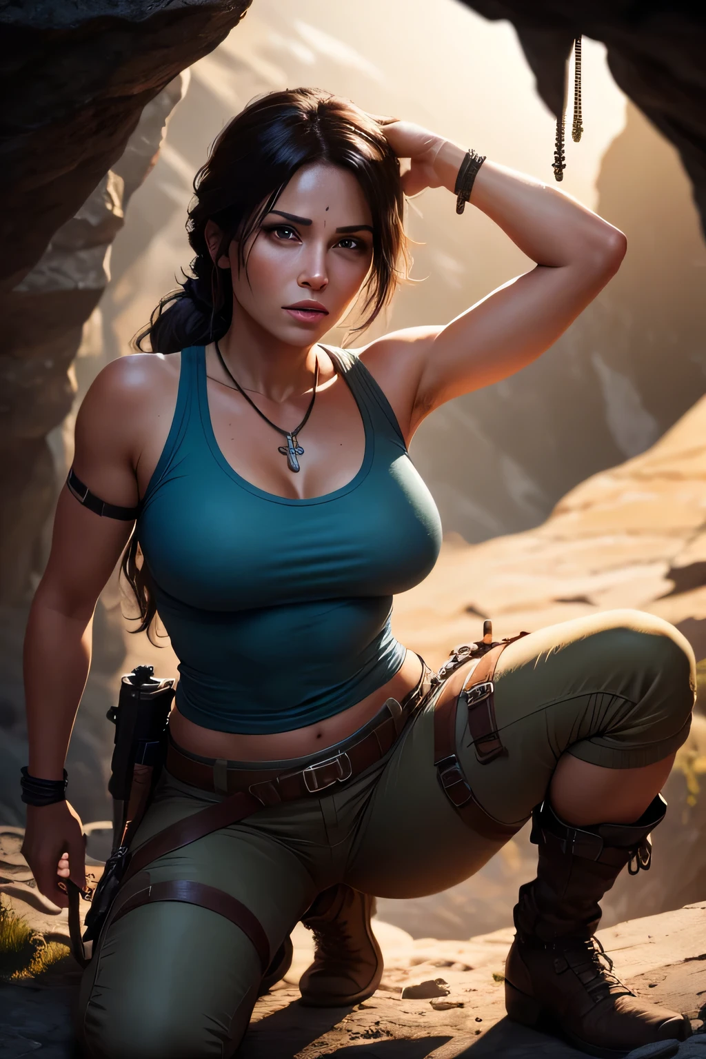 Create a realistic image of Lara Croft discovering an golden key while standing on the top of a view point in an underground cave. Lara is wearing her classic Tomb Raider outfit: a light blue tank top, cargo shorts, sturdy boots. She is illuminated by the light from her golden key, which casts flickering shadows on the cave walls. The cave is filled with intricate carvings, ancient symbols, and stalactites hanging from the ceiling. Lara is kneeling or bending down, opening a door with a golden key. The golden key is a detailed. perfect face, ultra detailed face, perfect brown eyes, beautiful face, perfect anatomy. Additional Details: Background: Underground cave with intricate carvings, ancient symbols, stalactites, and shadows cast by the torchlight. Artifact: Detailed, mysterious object from one of the Tomb Raider games (e.g., Scion, Dagger of Xian). Lighting: it's dark, night time, Flickering torchlight illuminating the scene, creating dramatic shadows and a sense of mystery. (8k, RAW photo, best quality, masterpiece:1.2),ultra-detailed, (high detailed skin:1.2), 8k uhd, dslr, soft lighting, high quality