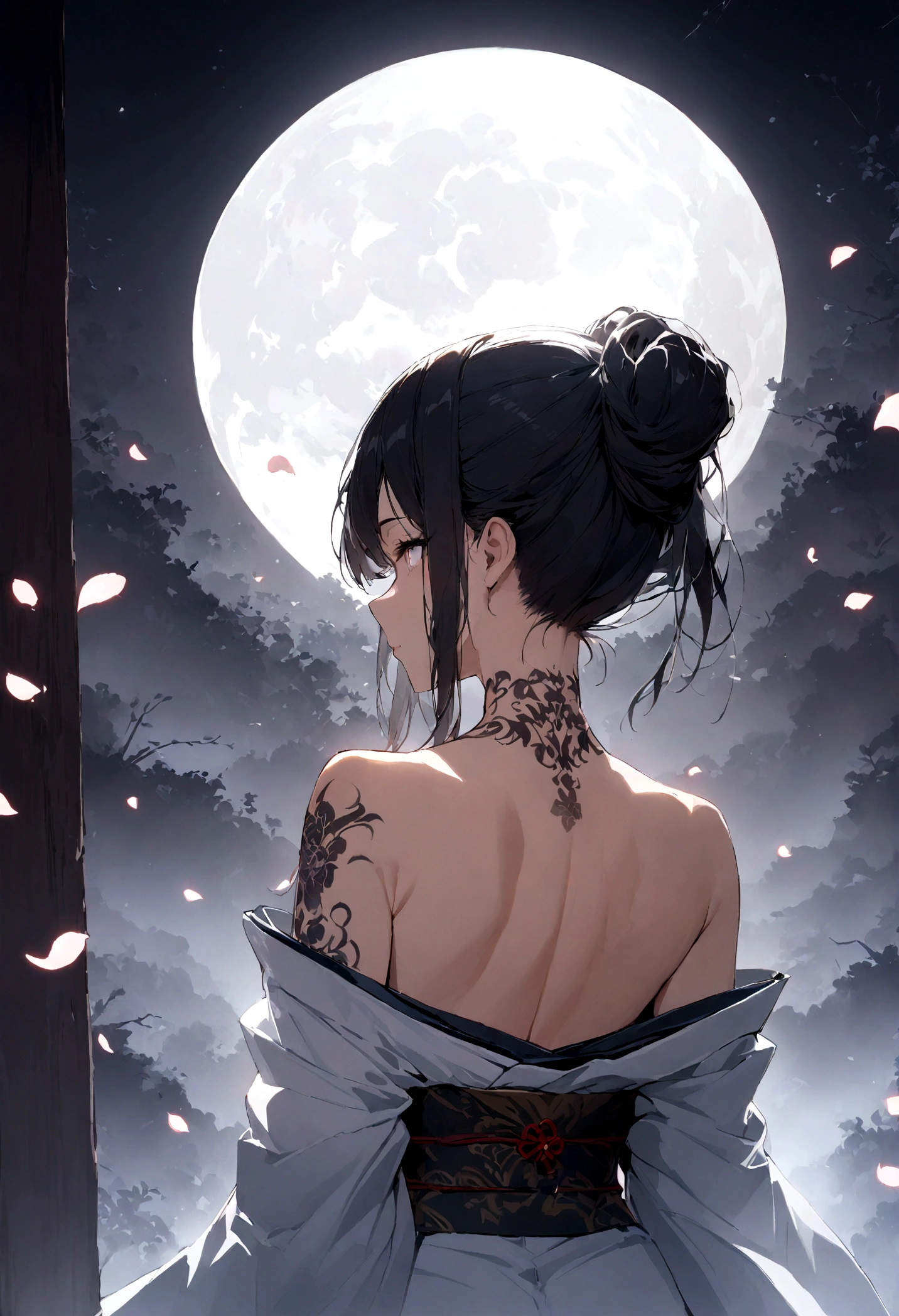 (masterpiece:1,2), best quality, masterpiece, highres, original, extremely detailed wallpaper, perfect lighting,geisha, kimono,Bare shoulder,back,Turn back,tattoo,(((Black and white))),Extreme detail,solo,Cold eyes,look up,Glowing eyes,byobu,moon,Black hair,petal,sexy