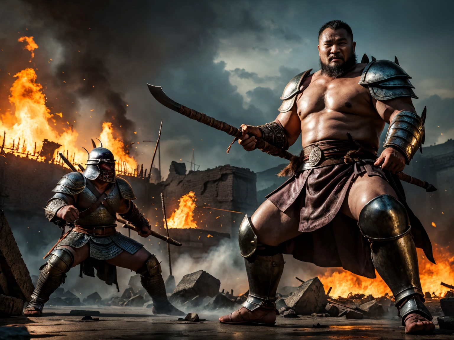 looking at me, Staring Intently, face focus, Bandit, a robust build ferocious barbarian, This barbarian is a fat Japanese, smirking, mid combat, intense battle scene, leather and iron armor, armored short skirt, holding a Viking War Axes, legs exposed from thighs to feet, fierce warriors, ancient battlefields, epic showdown, battleground background, masterpiece, volumetric lighting, Dramatic, Uighur the Warden, breathtaking action, dynamic poses, bald, ((ultra sharp)), ((masterpiece)), ((best quality)), ((ultra detailed)), ((intricate details)), Inguinal region detailed, Dilapidated, breathtaking action, destroyed city after big air raids, fire, smoke, A brutal scene, 