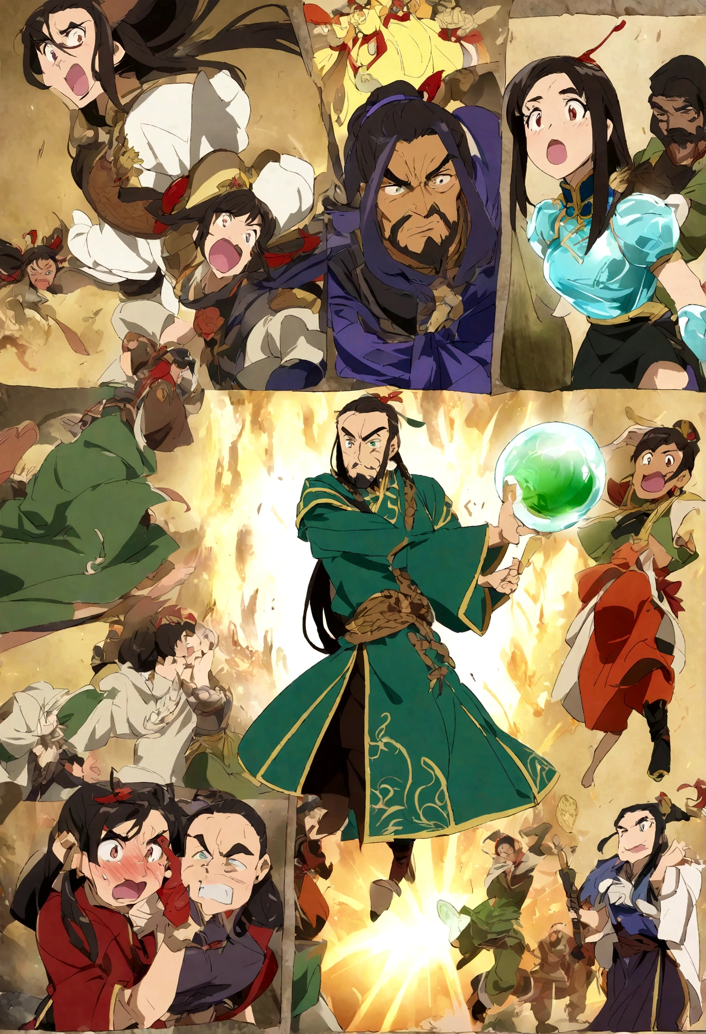 Three Kingdoms,Cartoon,Guan Yu,Green robe,Long beard,Red face,Fine eyes,whole body,Cartoon画,armor,Chinese,Chinese style, colorful animation stills, Masami Teraoka, aquamarine, Paul Gauguin, Amber style, Honest portrayal