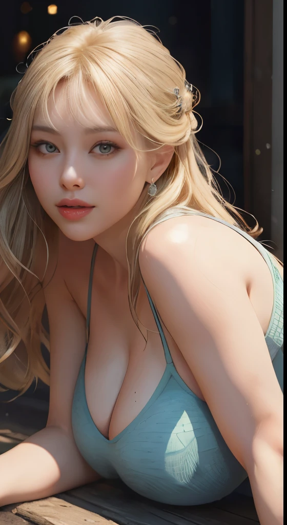 (Tabletop:1.2, highest quality), Realistic, (live-action, Intricate details, Depth of written boundary)、8k Very detailed, Perfect Face, Perfect body, Natural background bokeh.Huge breasts, plump,Very big ass,Open、sexy、Glamour、Blonde、Crystal clear long hair、Transparency、Beautiful mature woman、Tank top、Shorts、front、From head to thighs、Cleavage,((Get on all fours、Stick your butt out、please put your hands on the ground))