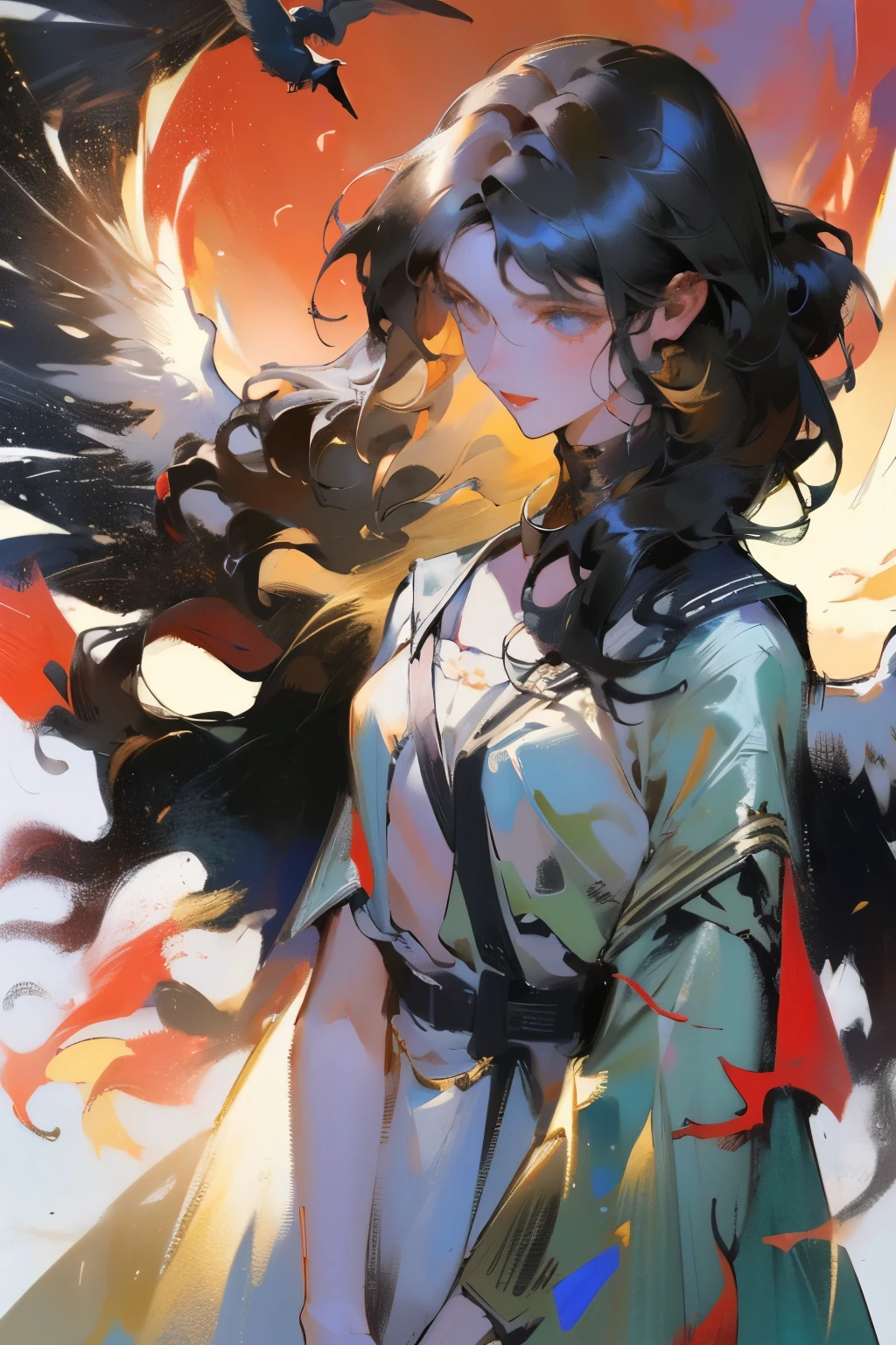 ((best quality)), ((masterpiece)), (detailed), A girl with long black hair wearing a white suspender skirt,Standing alone on a beach,Next to her is a flock of pigeons flying in the wind,Sunset,The sunlight shining on her and the pigeons seemed to be rimmed with gold.,bust