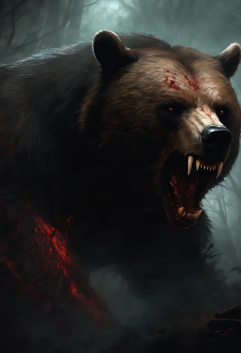 A painting of a humanoid bear creature with a bloodied fangs, carnage, Sci - Horror Art of Fiction, Science fiction horror artwork, inspired by Aleksi Briclot, bear, de carnage, Horror fantasy art, par Aleksi Briclot, Horror concept art, venin, Art fantastique et horreur, Detailed illustration of 4K horror, beast creature, Dark Horror Art