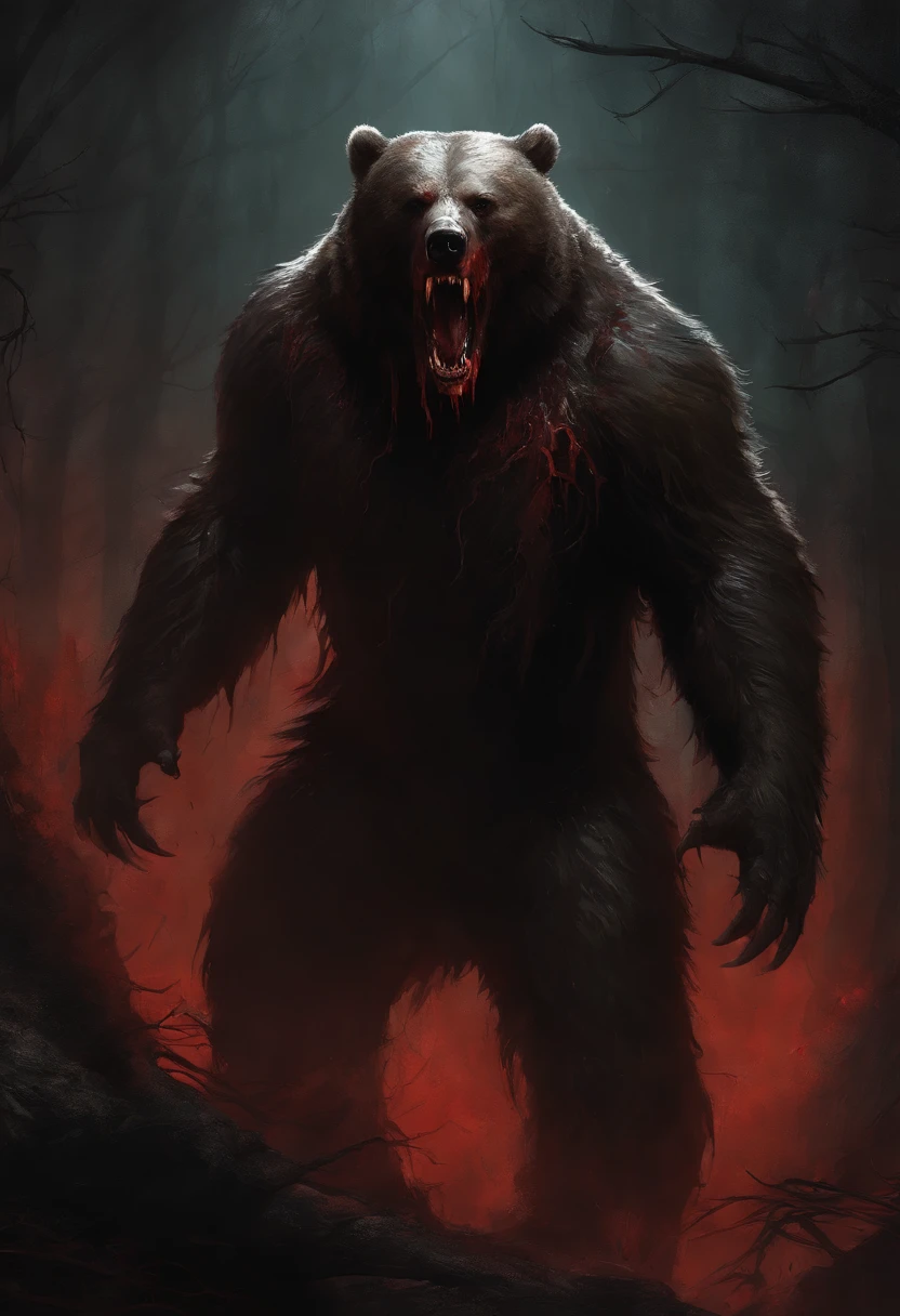 A painting of a humanoid bear creature with a bloodied fangs, carnage, Sci - Horror Art of Fiction, Science fiction horror artwork, inspired by Aleksi Briclot, bear, de carnage, Horror fantasy art, par Aleksi Briclot, Horror concept art, venin, Art fantastique et horreur, Detailed illustration of 4K horror, beast creature, Dark Horror Art