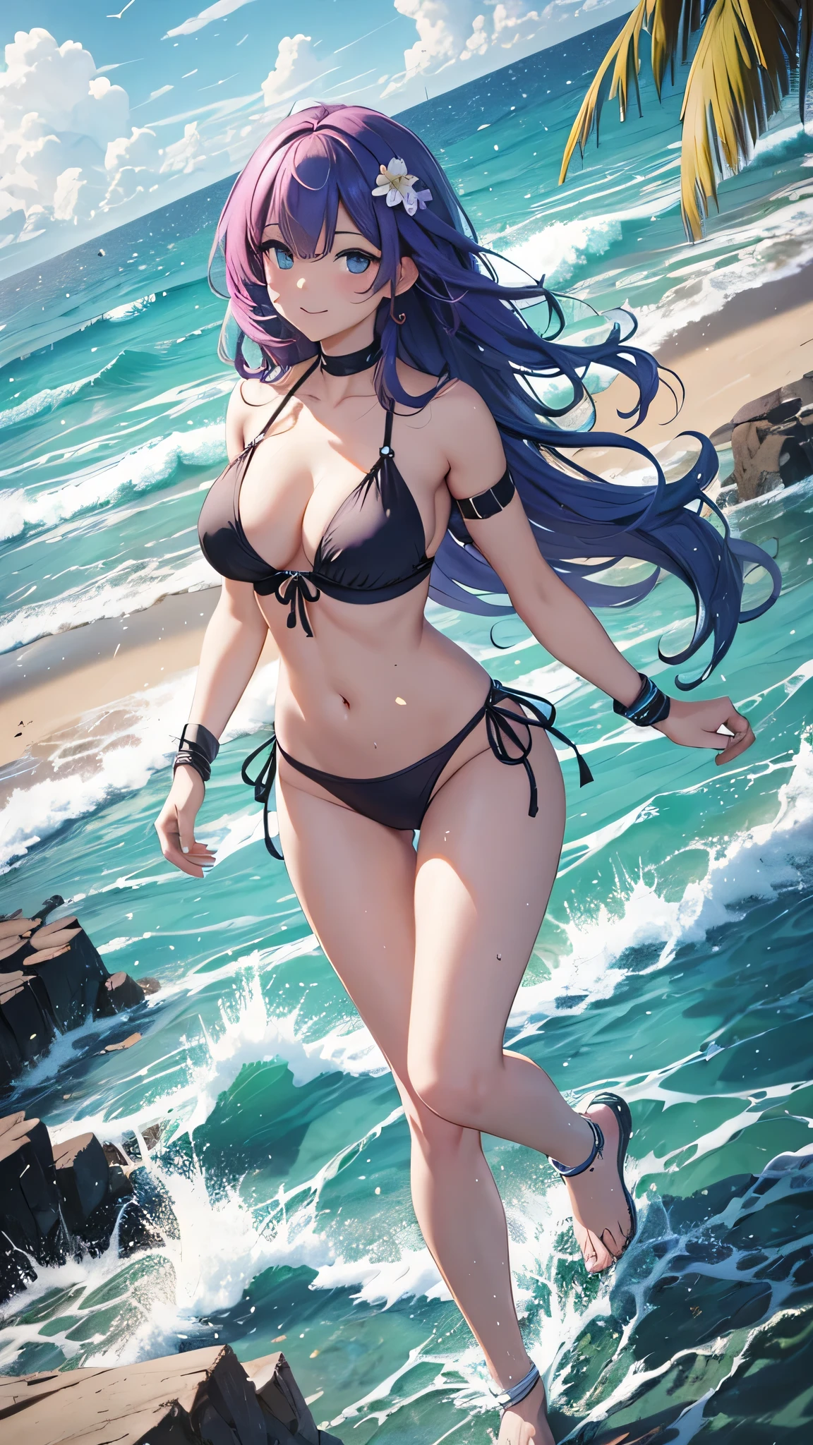 Highest quality、Highest quality、Masterpiece、girl((20-year-old、as soon as、Highest Bust、Medium Bust、Wide open chest、Red glowing eyes、Light Blue Hair、Disheveled Hair、Loincloth、thin、The best valley、Open chest、Full body view、White see-through、White Bikini、Smile、Run))、high quality、Beautiful Art、background((Ocean、Wave、beach、Palm tree))、flight、Flying Debris、Depth of text、movie、Visual Arts、Perfect Art、8K、Genuine、Special Angles