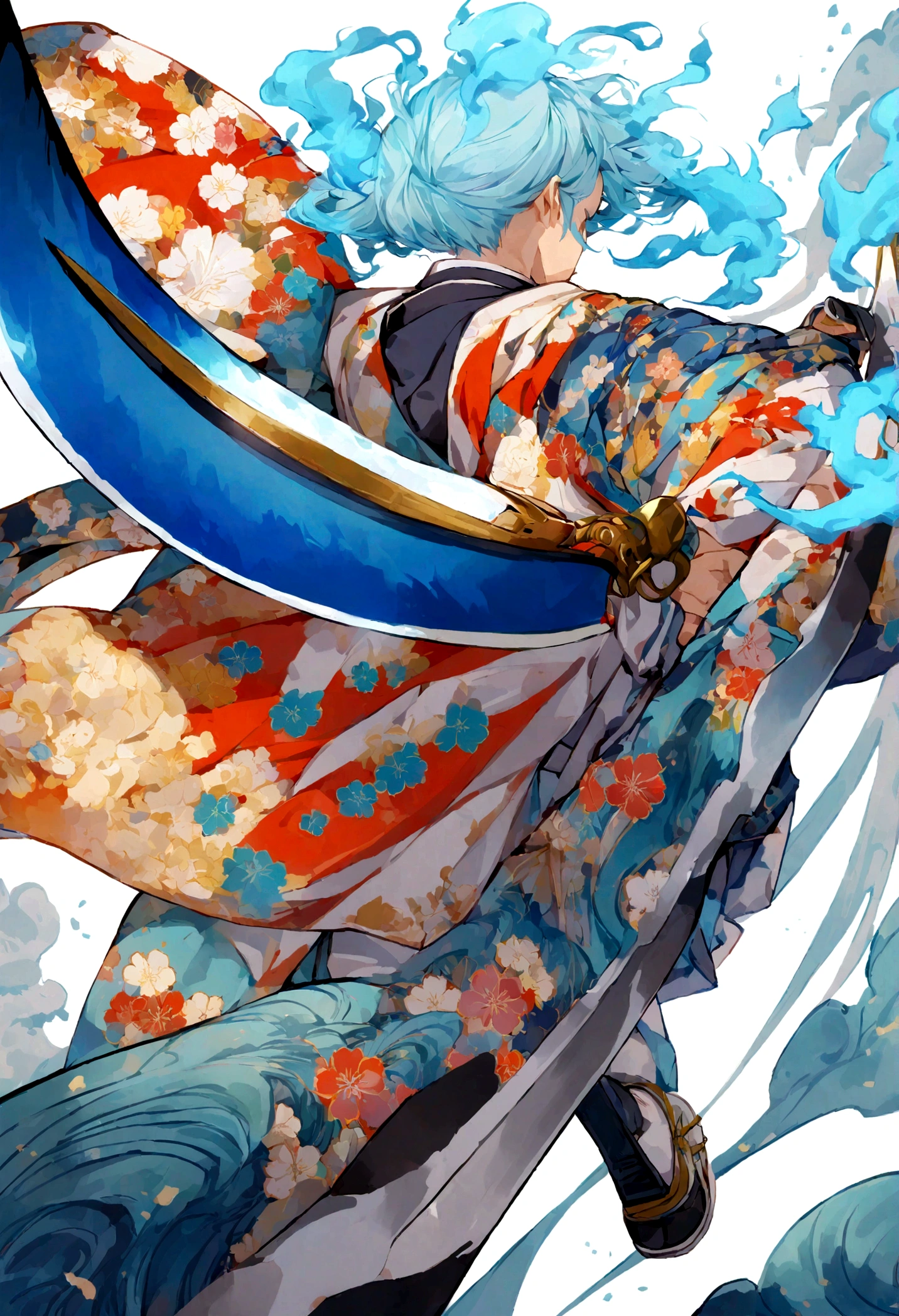 Japanese boys illustrator wearing Japanese clothes, with big blades, with blue fire, back with a sea wave design, zoom out, white background, paint ilustrator,